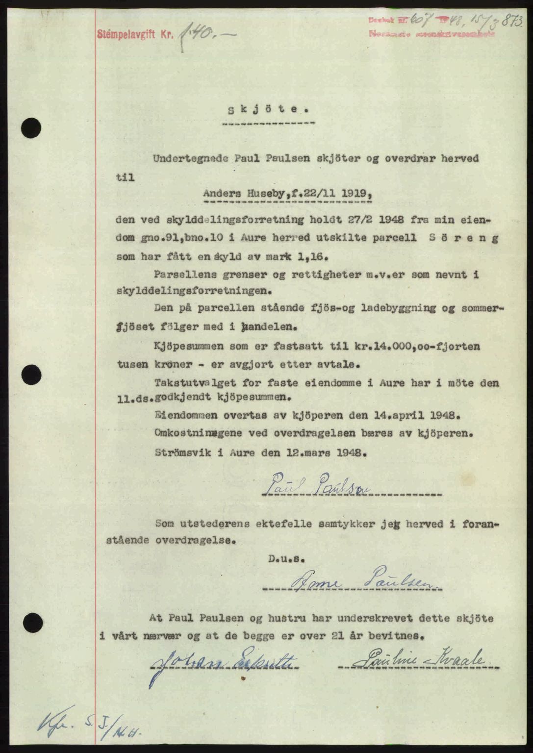 Nordmøre sorenskriveri, AV/SAT-A-4132/1/2/2Ca: Mortgage book no. A107, 1947-1948, Diary no: : 607/1948