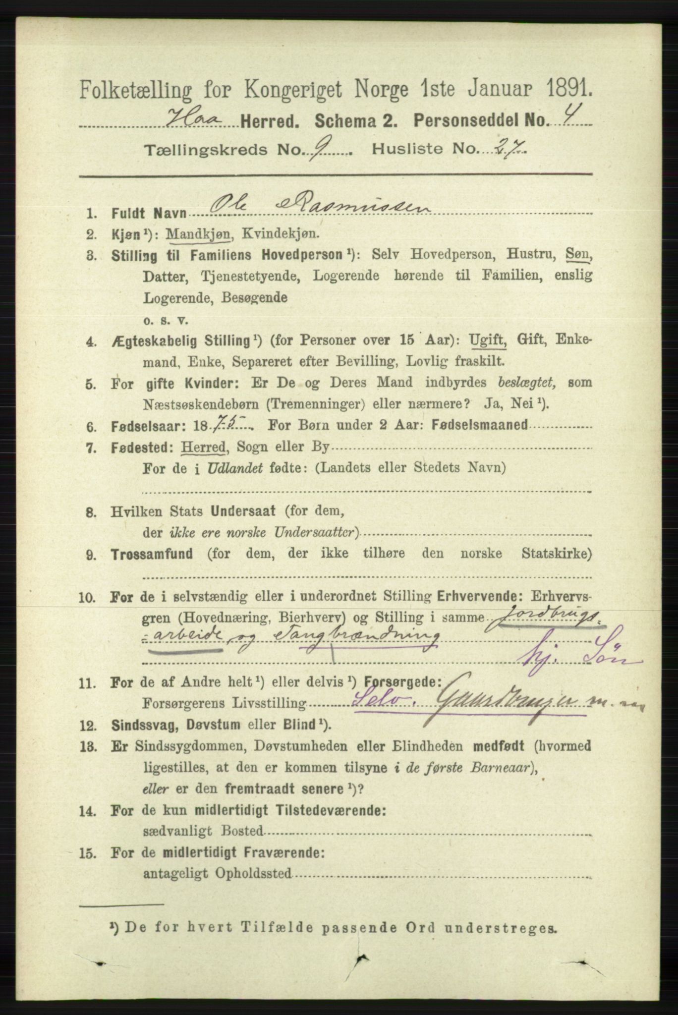 RA, 1891 census for 1119 Hå, 1891, p. 2366