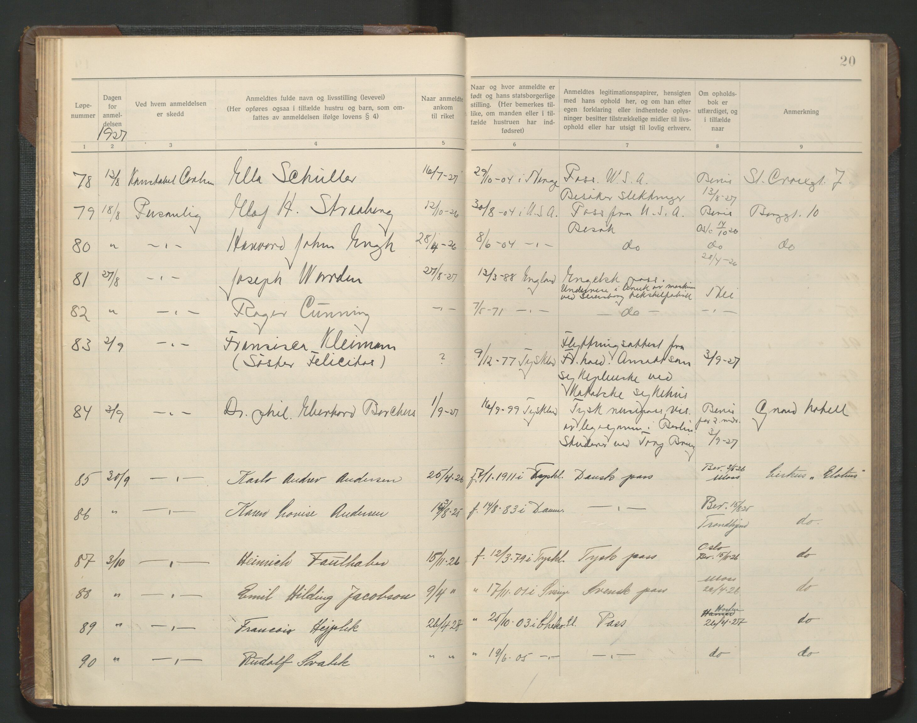 Fredrikstad politikammer, AV/SAO-A-10055/H/Hb/Hba/L0004: Protokoll over fremmede statsborgere, 1926-1927, p. 19b-20a