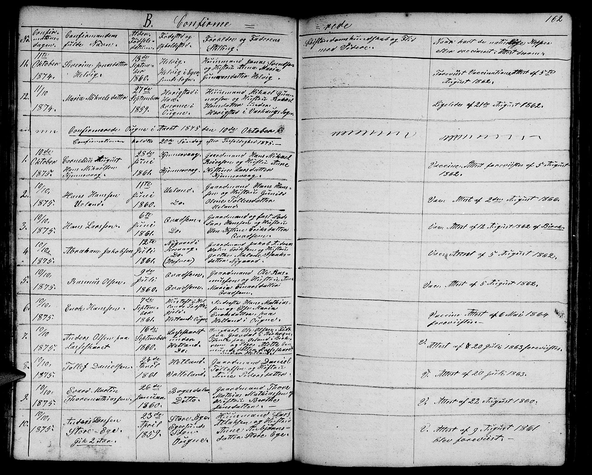Eigersund sokneprestkontor, SAST/A-101807/S09/L0003: Parish register (copy) no. B 3, 1846-1875, p. 162