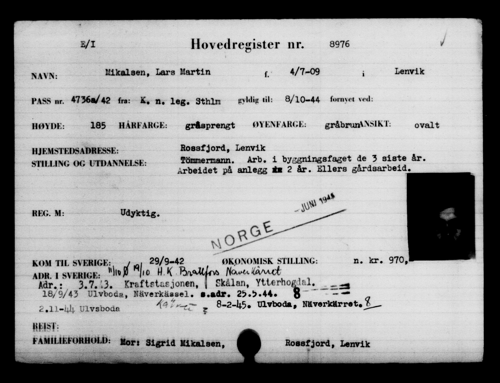 Utenriksstasjonene, Legasjonen i Stockholm, Flyktningkontoret, AV/RA-S-6753/V/Va/L0005: Kjesäterkartoteket, flyktninger med registreringsnr. 6600-9417, 1940-1945, p. 2792