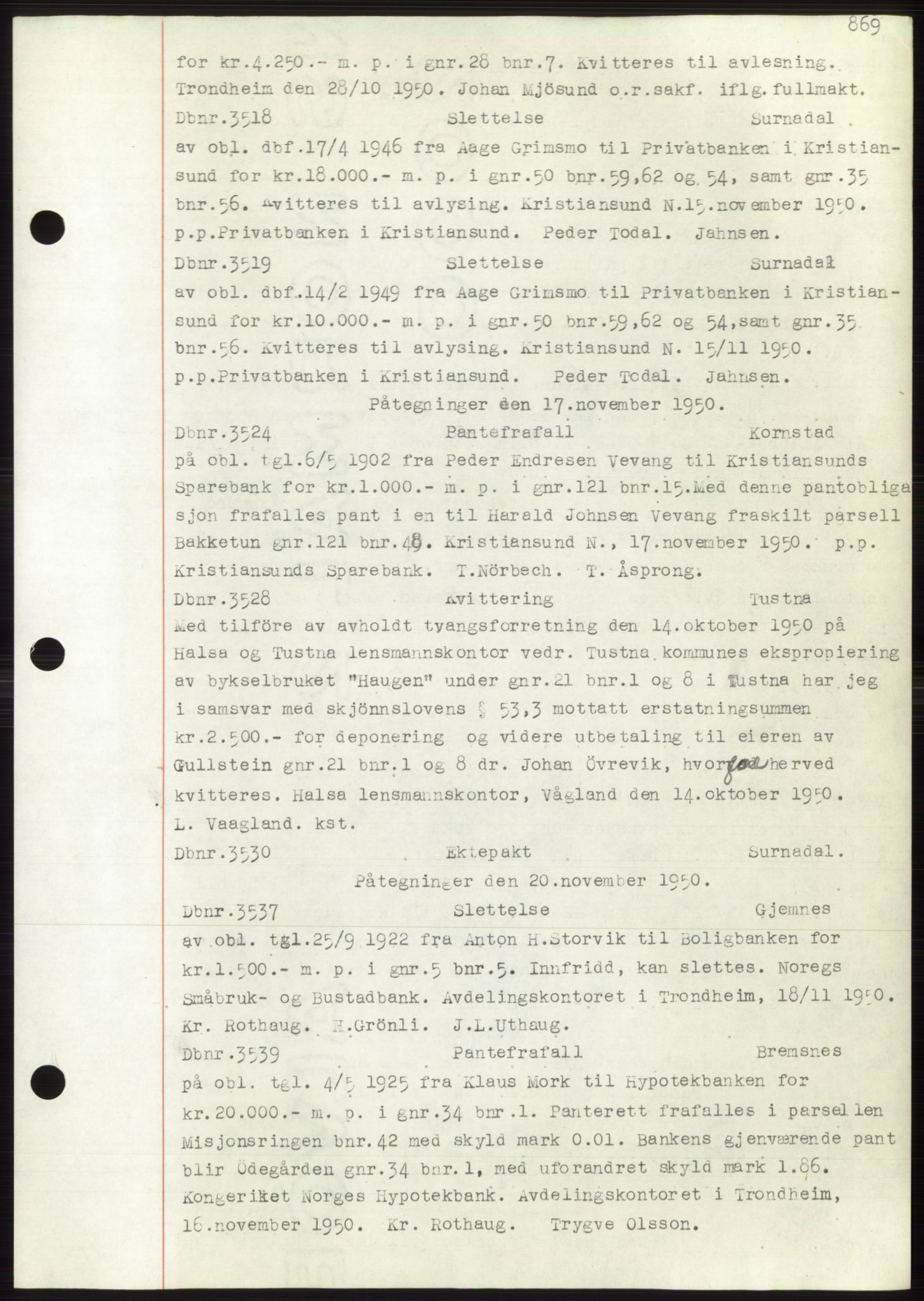Nordmøre sorenskriveri, SAT/A-4132/1/2/2Ca: Mortgage book no. C82b, 1946-1951, Diary no: : 3518/1950