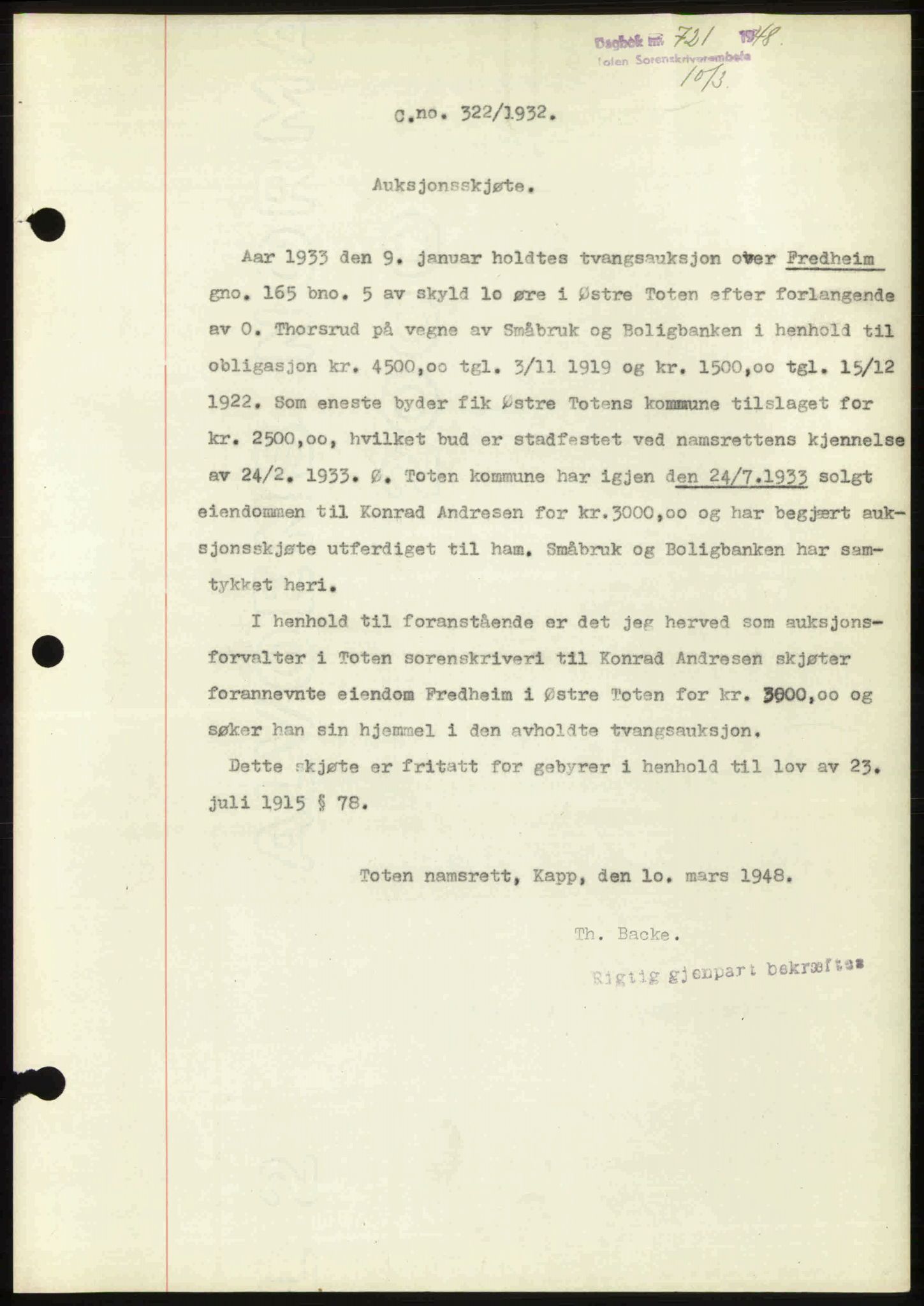 Toten tingrett, AV/SAH-TING-006/H/Hb/Hbc/L0019: Mortgage book no. Hbc-19, 1947-1948, Diary no: : 721/1948