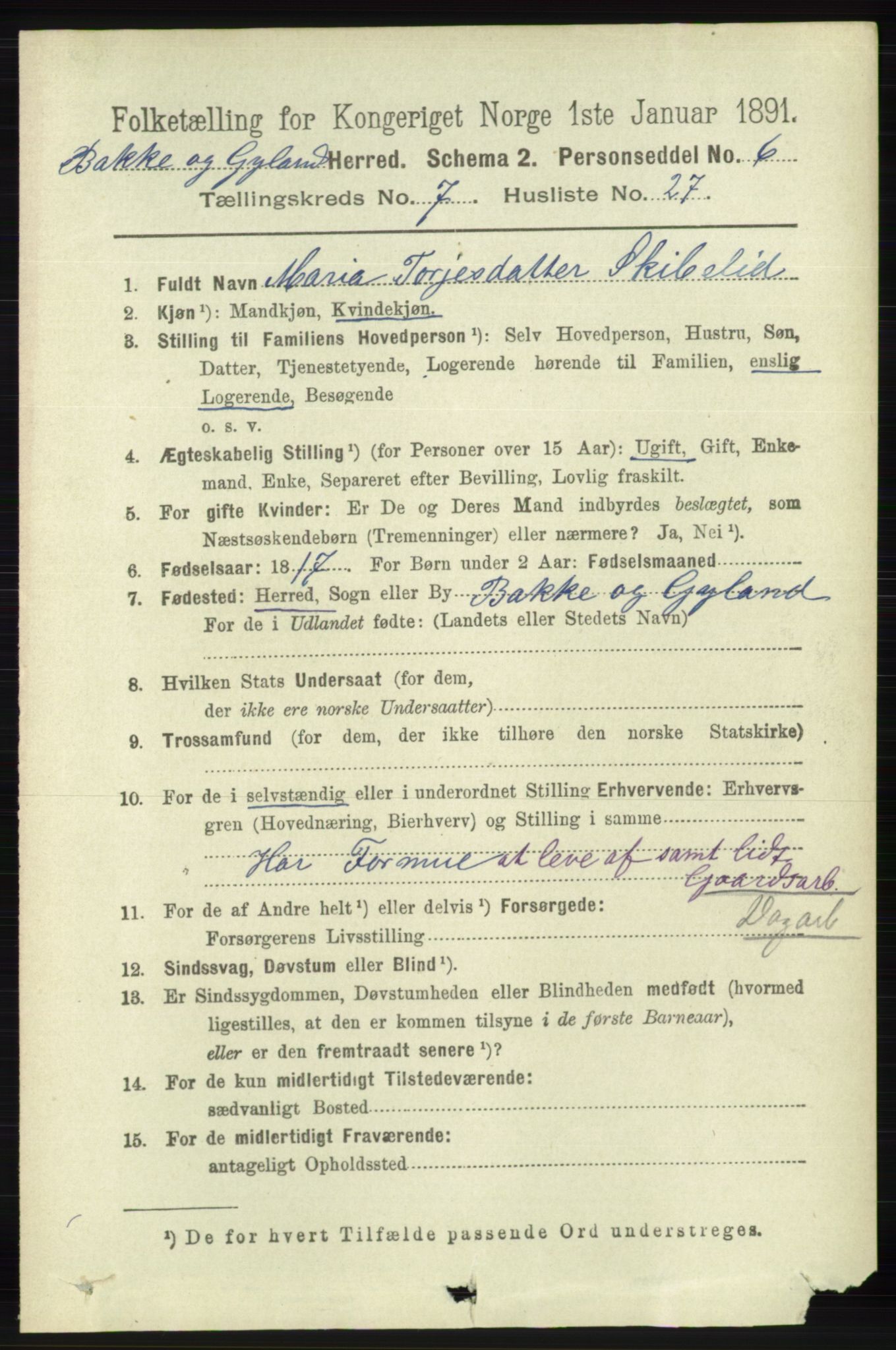 RA, 1891 census for 1045 Bakke, 1891, p. 1440