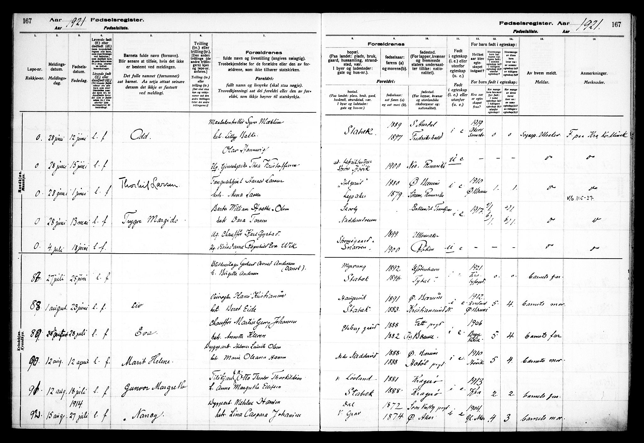 Østre Bærum prestekontor Kirkebøker, AV/SAO-A-10887/J/Ja/L0001: Birth register no. 1, 1916-1922, p. 167