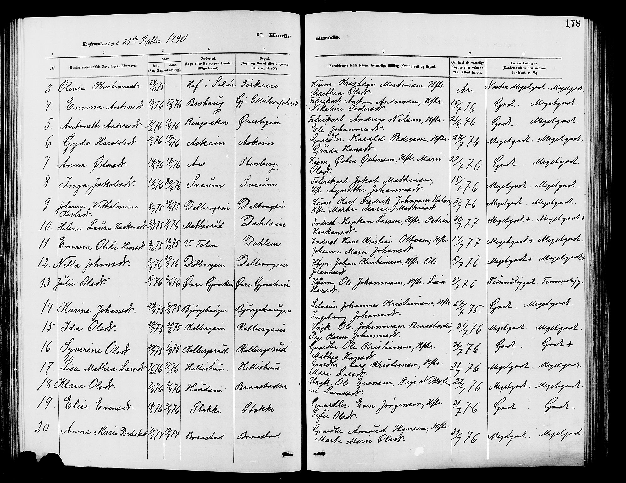 Vardal prestekontor, SAH/PREST-100/H/Ha/Hab/L0007: Parish register (copy) no. 7 /1, 1881-1895, p. 178