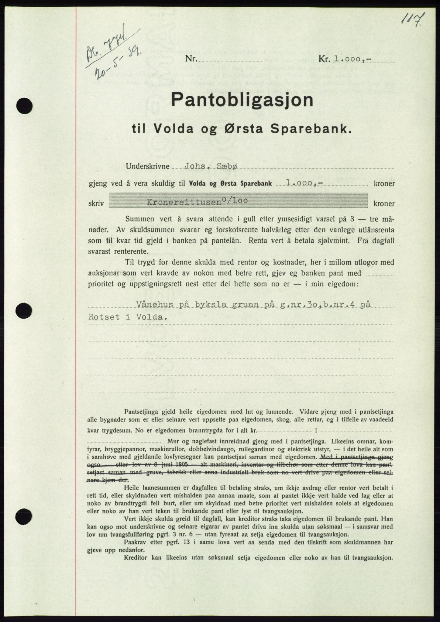 Søre Sunnmøre sorenskriveri, AV/SAT-A-4122/1/2/2C/L0068: Mortgage book no. 62, 1939-1939, Diary no: : 774/1939