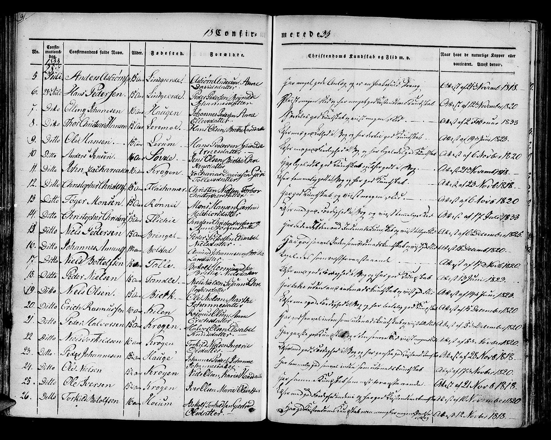 Luster sokneprestembete, SAB/A-81101/H/Haa/Haaa/L0005: Parish register (official) no. A 5, 1831-1841, p. 91