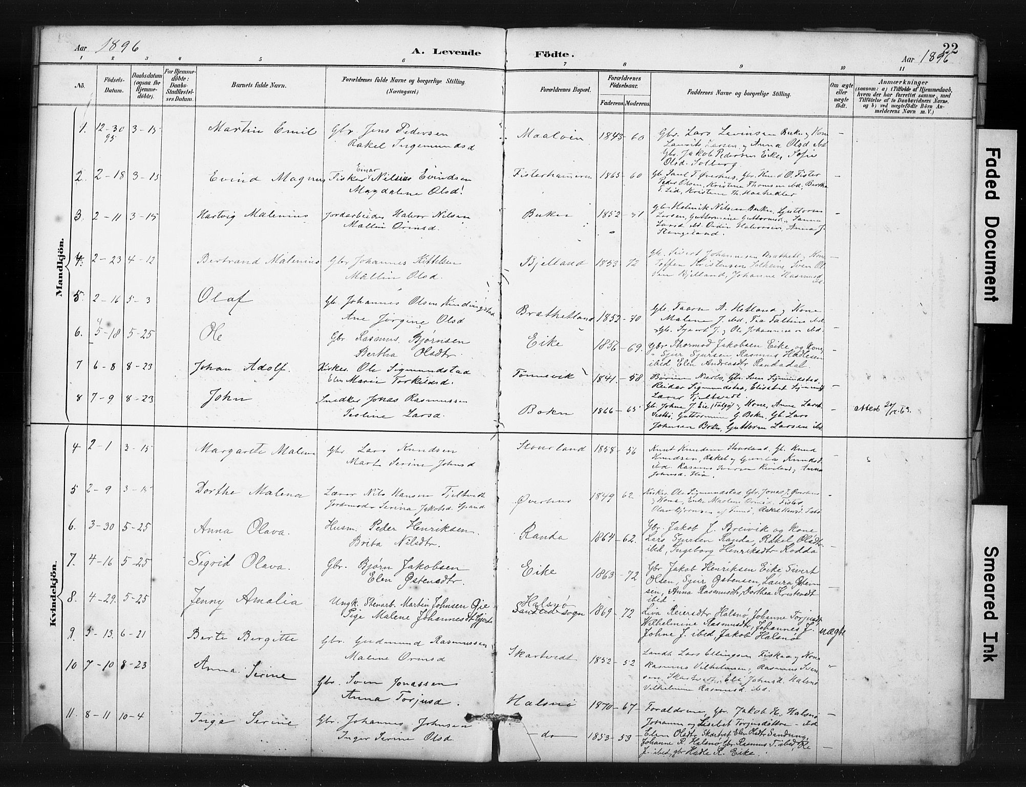 Hjelmeland sokneprestkontor, AV/SAST-A-101843/01/IV/L0015: Parish register (official) no. A 15, 1887-1910, p. 22