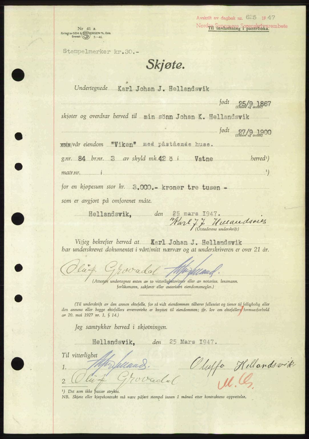 Nordre Sunnmøre sorenskriveri, AV/SAT-A-0006/1/2/2C/2Ca: Mortgage book no. A24, 1947-1947, Diary no: : 625/1947