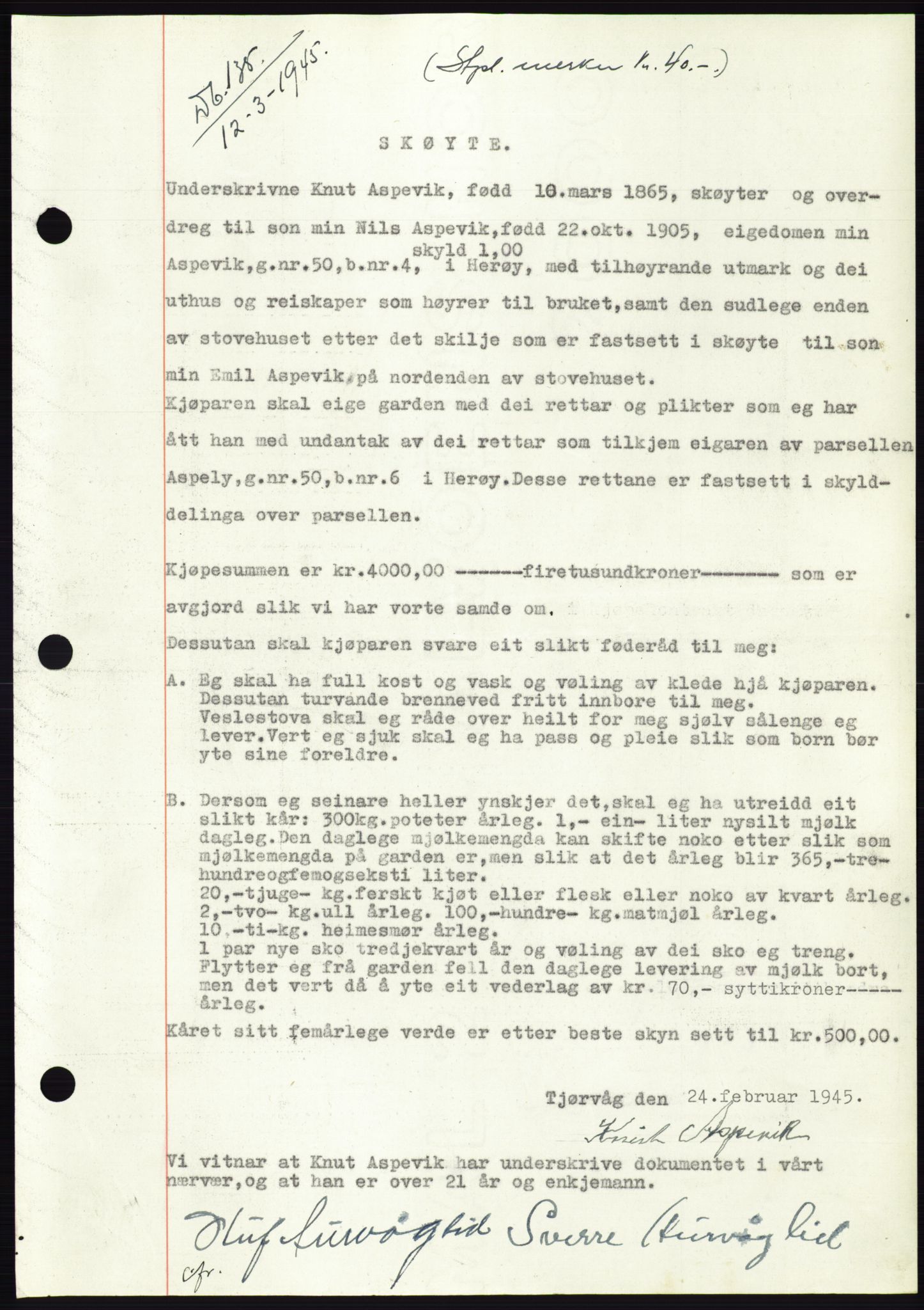 Søre Sunnmøre sorenskriveri, AV/SAT-A-4122/1/2/2C/L0077: Mortgage book no. 3A, 1945-1946, Diary no: : 135/1945