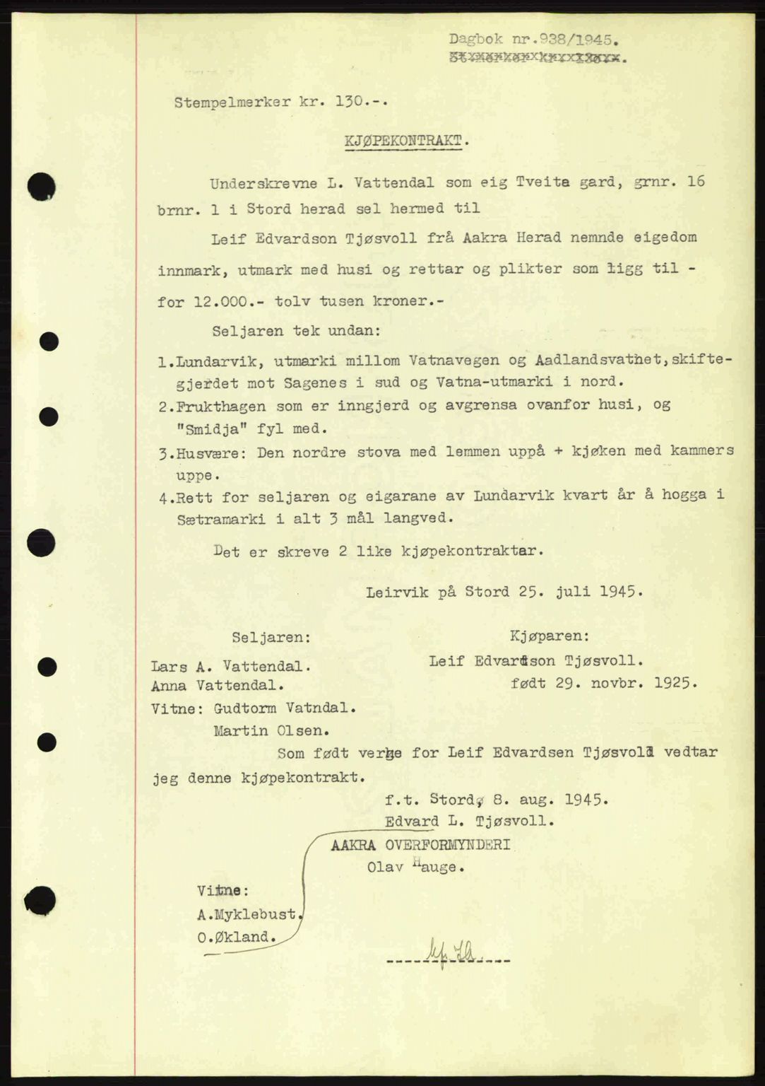 Sunnhordland sorenskrivar, AV/SAB-A-2401: Mortgage book no. A77, 1945-1945, Diary no: : 938/1945