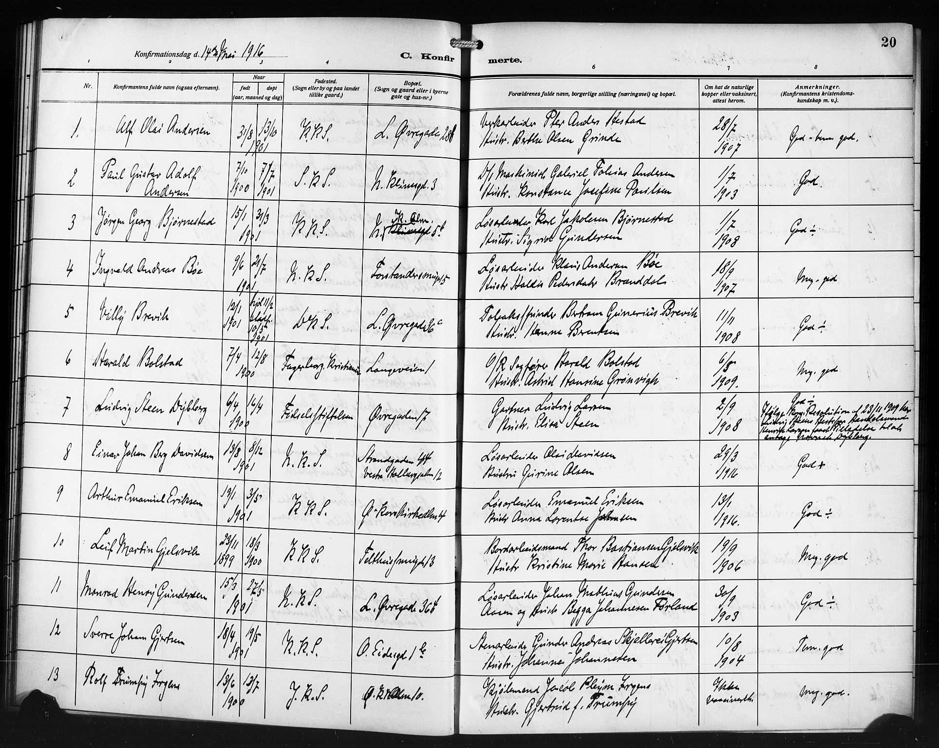 Korskirken sokneprestembete, SAB/A-76101/H/Haa/L0072: Curate's parish register no. A 7, 1913-1920, p. 20