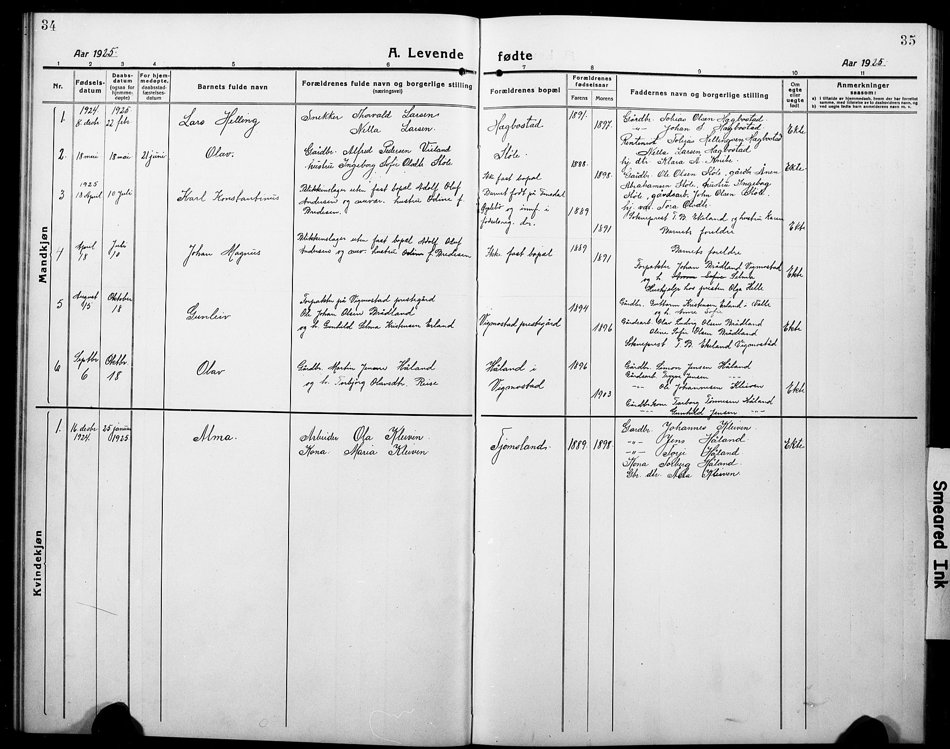 Nord-Audnedal sokneprestkontor, AV/SAK-1111-0032/F/Fb/Fbb/L0005: Parish register (copy) no. B 5, 1918-1929, p. 34-35