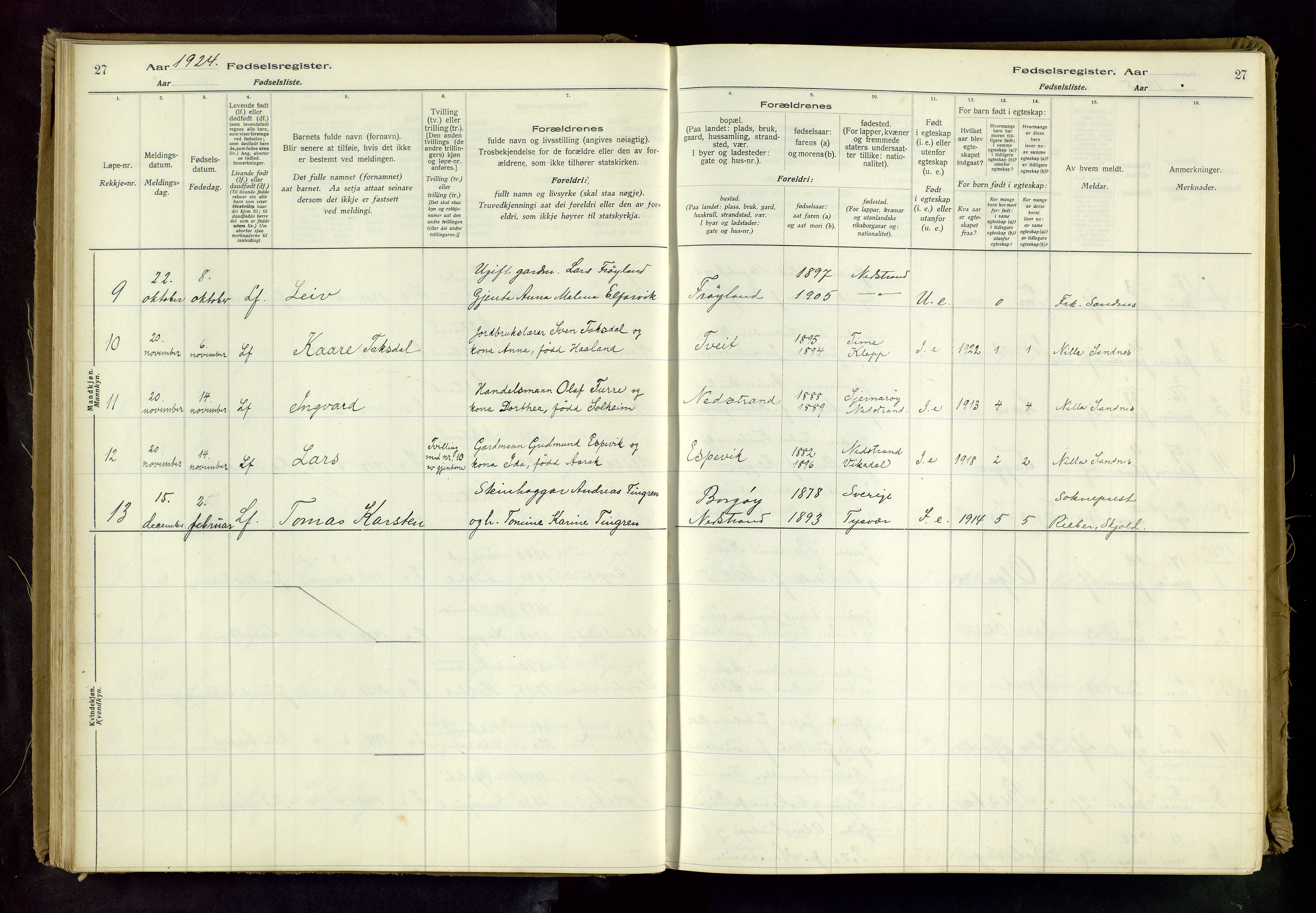 Nedstrand sokneprestkontor, AV/SAST-A-101841/03/C/L0001: Birth register no. 1, 1916-1981, p. 27