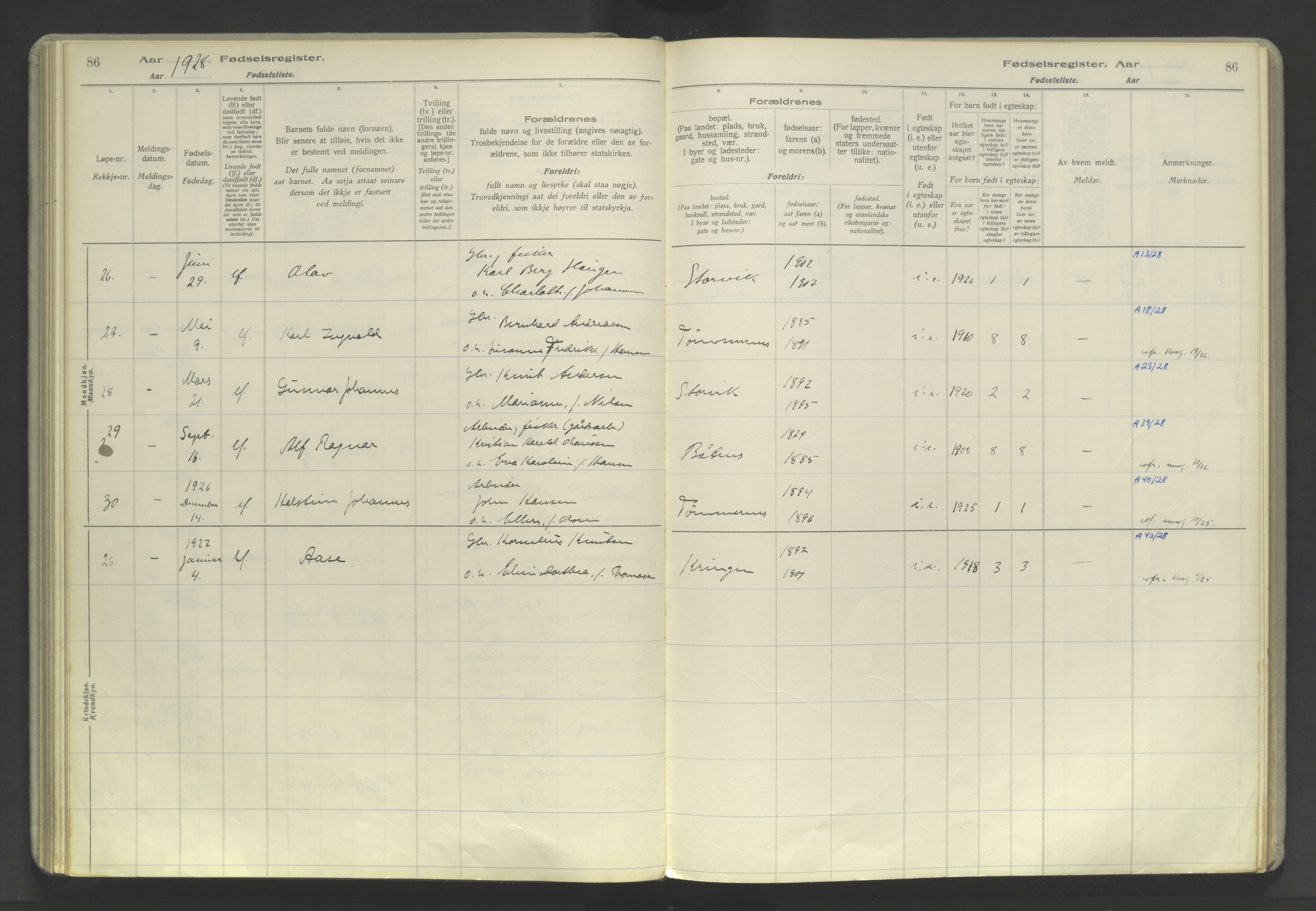 Skjervøy sokneprestkontor, AV/SATØ-S-1300/I/Ia/L0060: Birth register no. 60, 1916-1947, p. 86