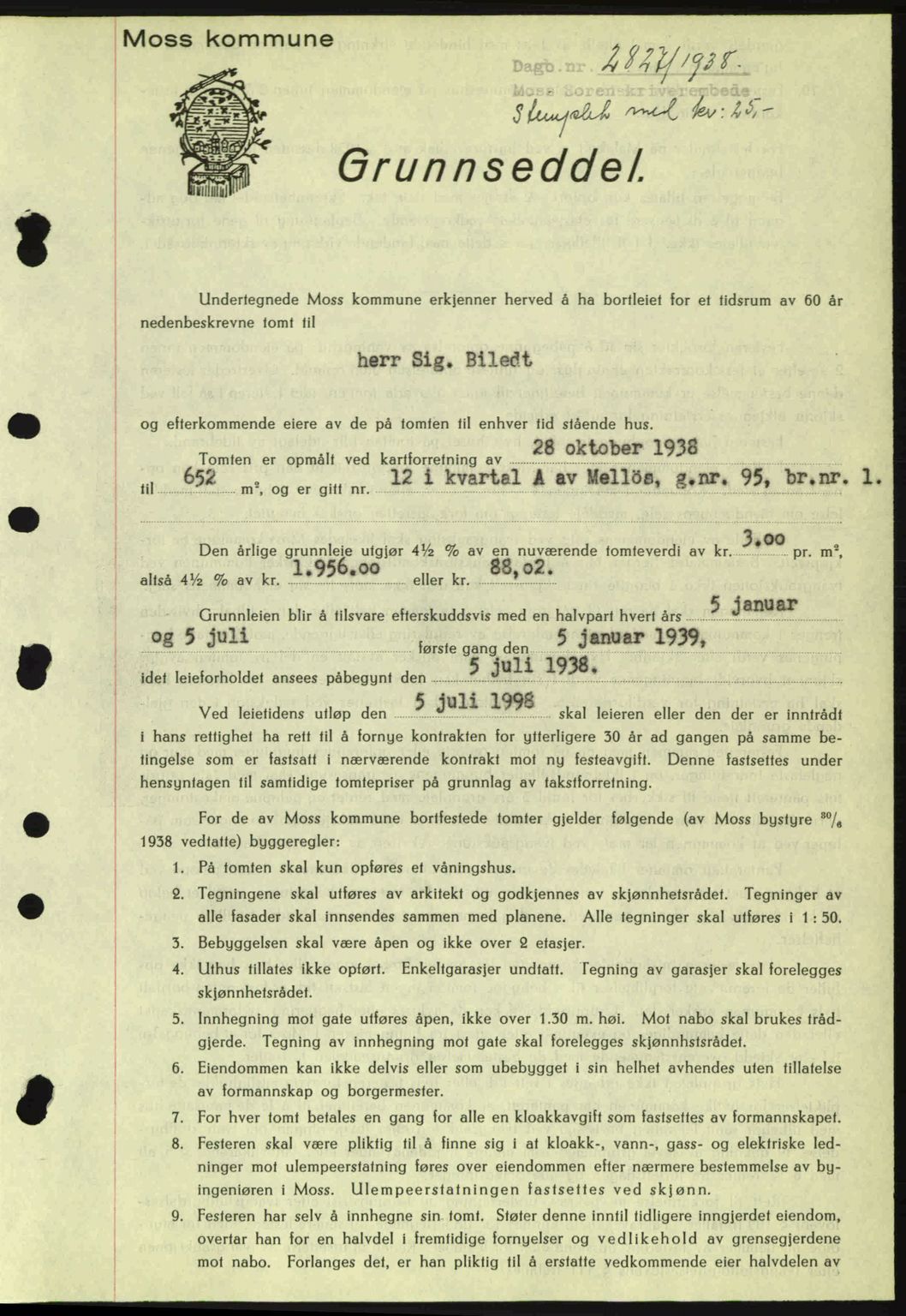 Moss sorenskriveri, SAO/A-10168: Mortgage book no. A5, 1938-1939, Diary no: : 2827/1938