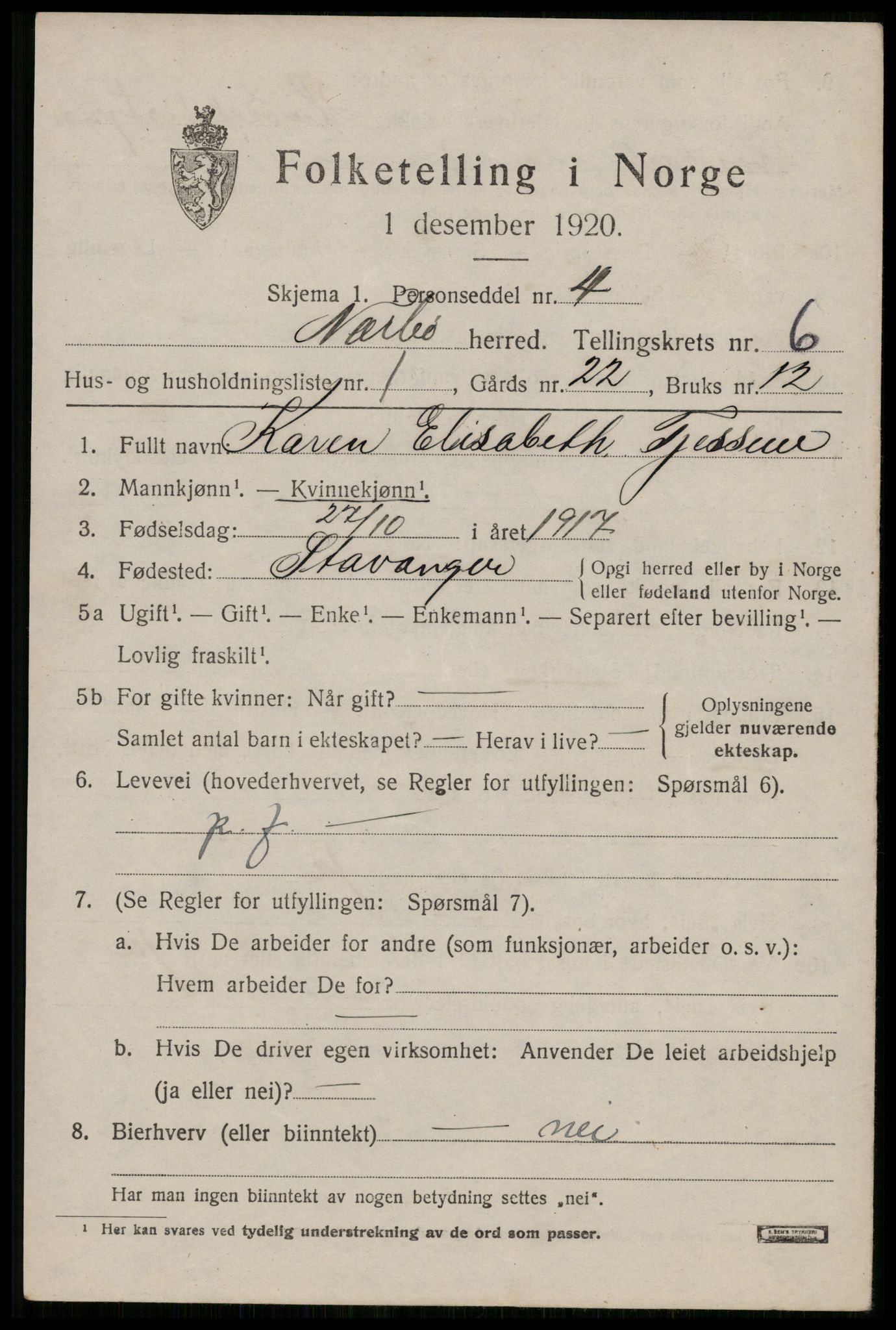 SAST, 1920 census for Nærbø, 1920, p. 3621