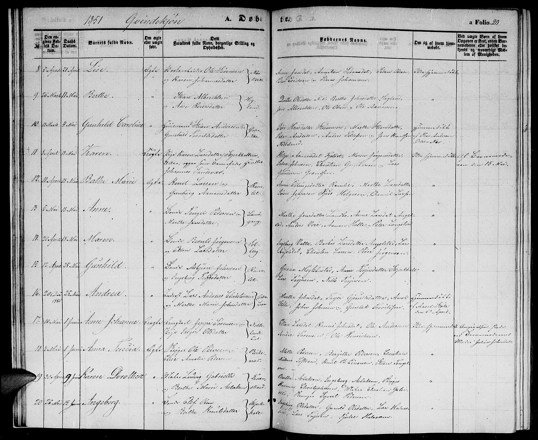 Holt sokneprestkontor, AV/SAK-1111-0021/F/Fb/L0007: Parish register (copy) no. B 7, 1849-1858, p. 20