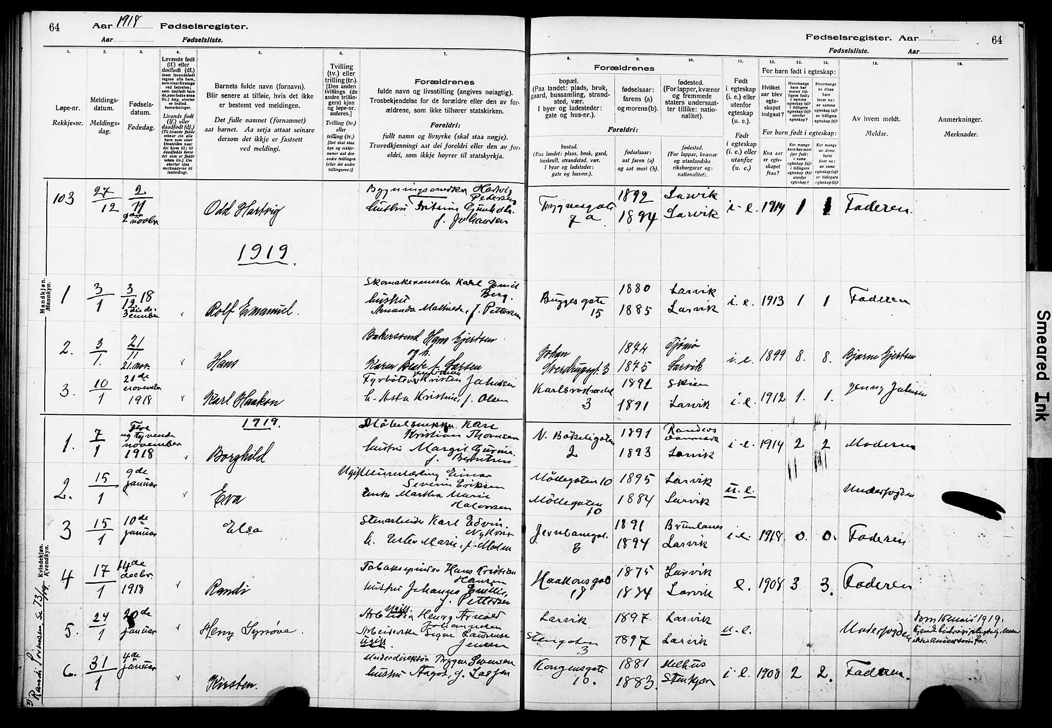 Larvik kirkebøker, AV/SAKO-A-352/J/Ja/L0001: Birth register no. I 1, 1916-1926, p. 64