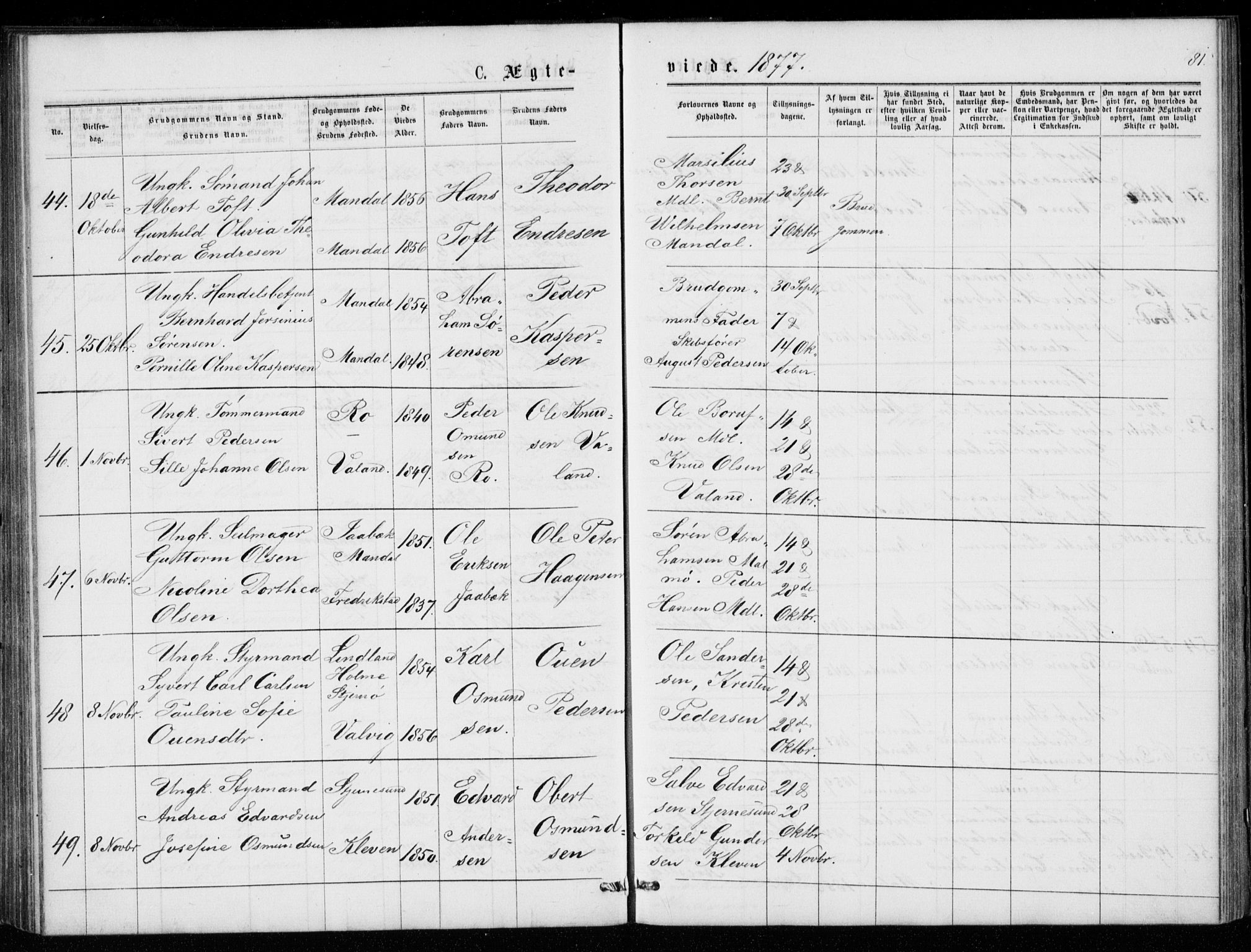 Mandal sokneprestkontor, AV/SAK-1111-0030/F/Fb/Fba/L0010: Parish register (copy) no. B 4, 1876-1880, p. 81