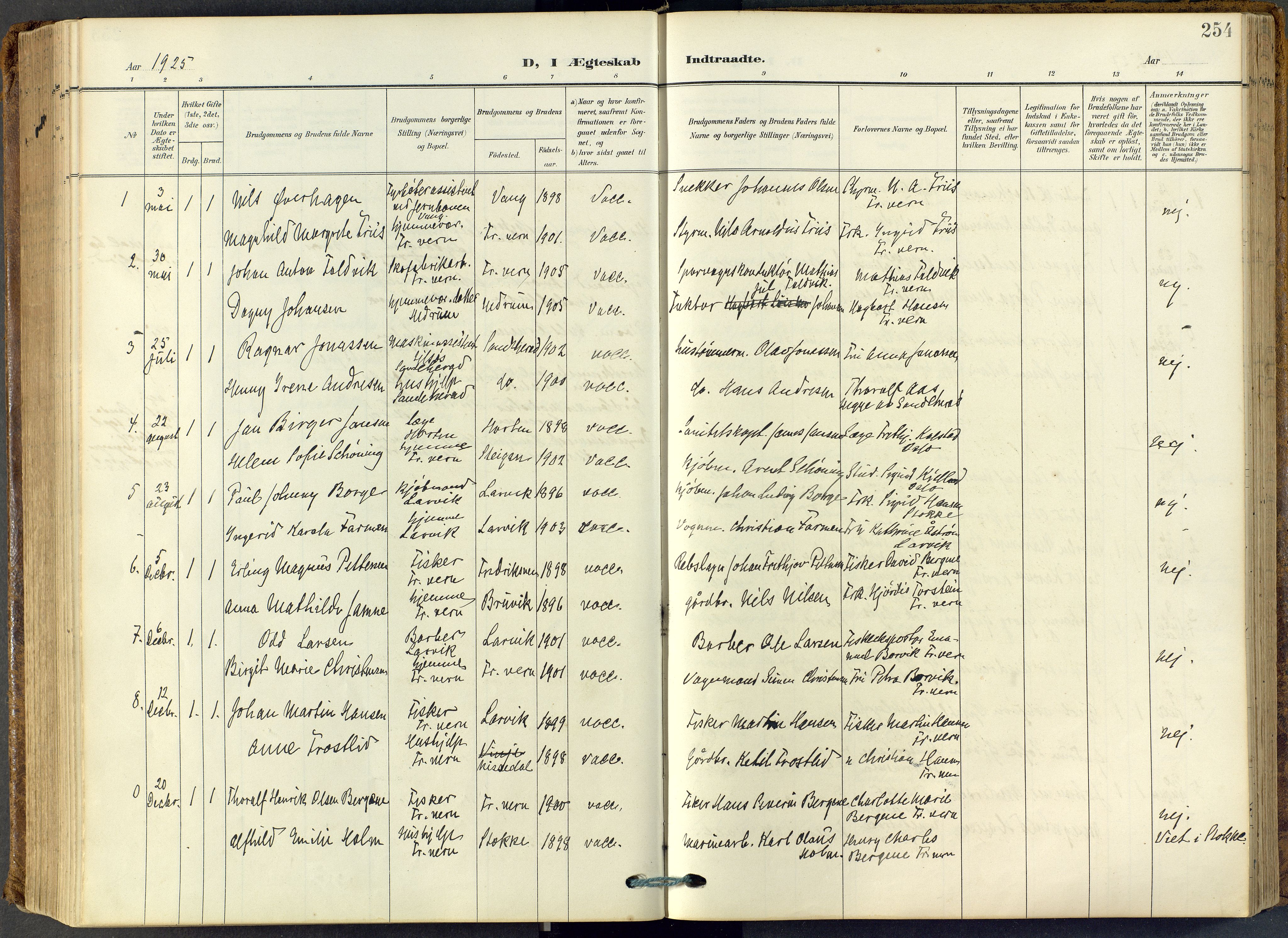 Stavern kirkebøker, SAKO/A-318/F/Fa/L0009: Parish register (official) no. 9, 1906-1955, p. 254