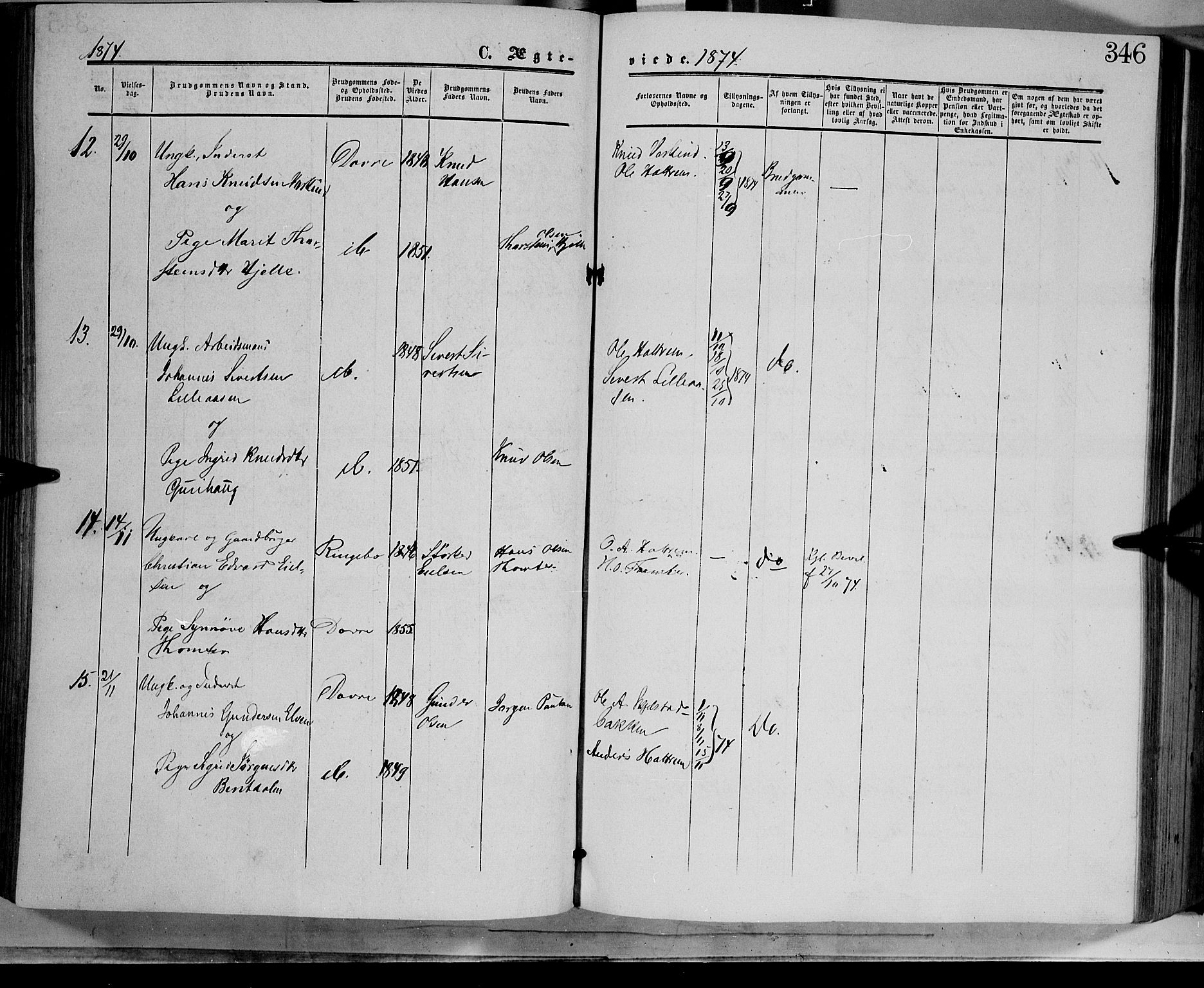 Dovre prestekontor, SAH/PREST-066/H/Ha/Haa/L0001: Parish register (official) no. 1, 1854-1878, p. 346