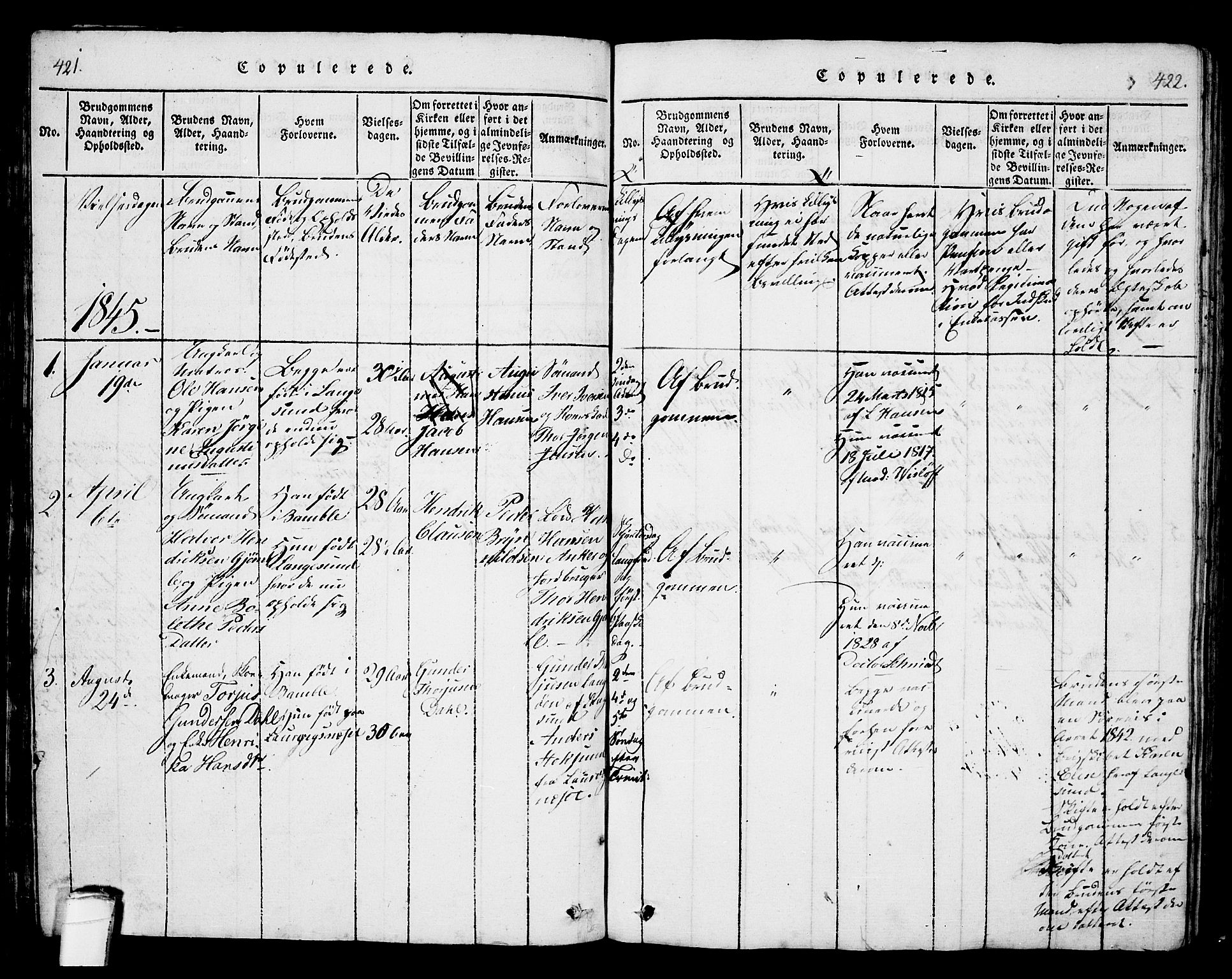 Langesund kirkebøker, SAKO/A-280/G/Ga/L0003: Parish register (copy) no. 3, 1815-1858, p. 421-422