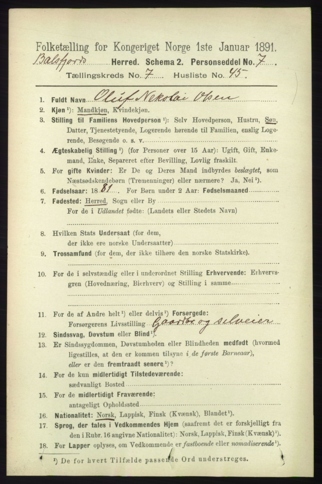 RA, 1891 census for 1933 Balsfjord, 1891, p. 2336