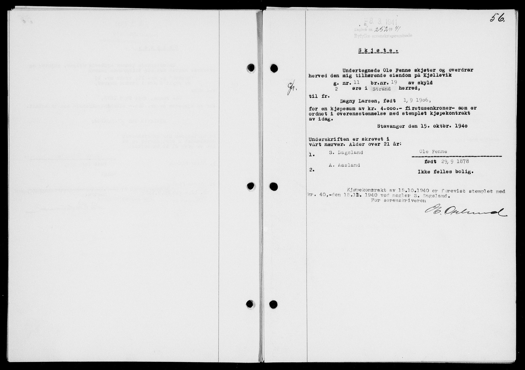 Ryfylke tingrett, SAST/A-100055/001/II/IIB/L0085: Mortgage book no. 64, 1941-1941, Diary no: : 252/1941