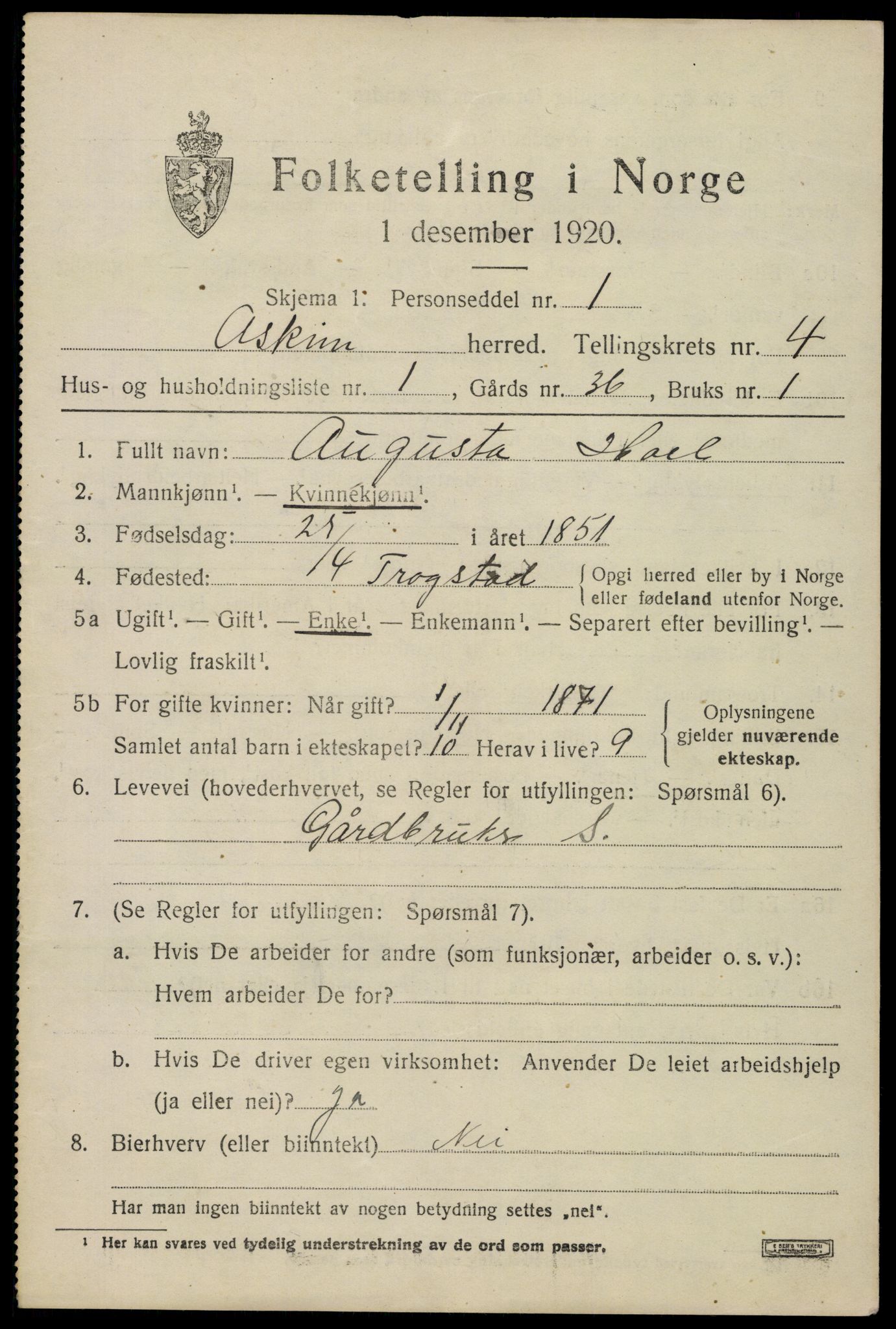 SAO, 1920 census for Askim, 1920, p. 7971