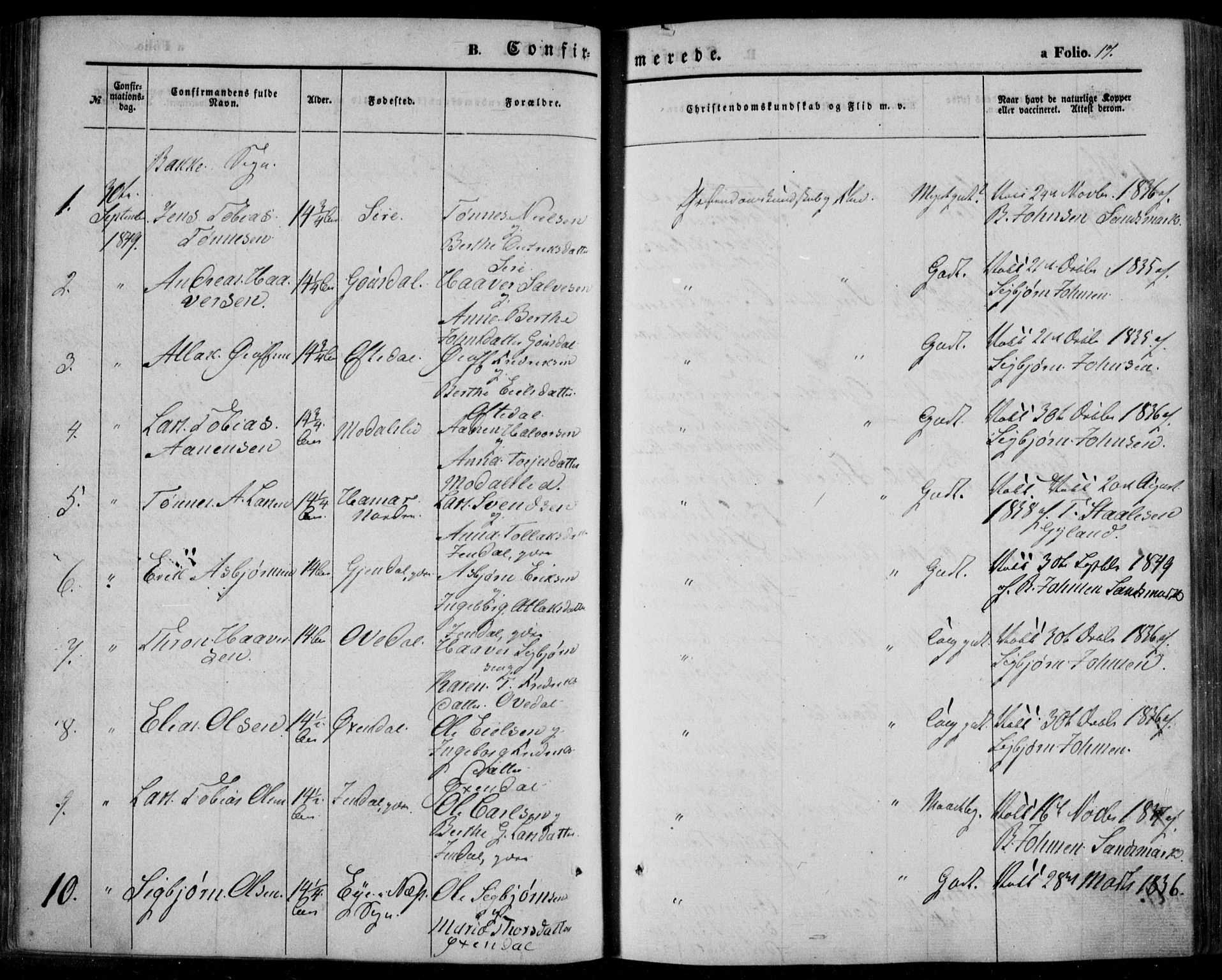 Bakke sokneprestkontor, AV/SAK-1111-0002/F/Fa/Faa/L0005: Parish register (official) no. A 5, 1847-1855, p. 17