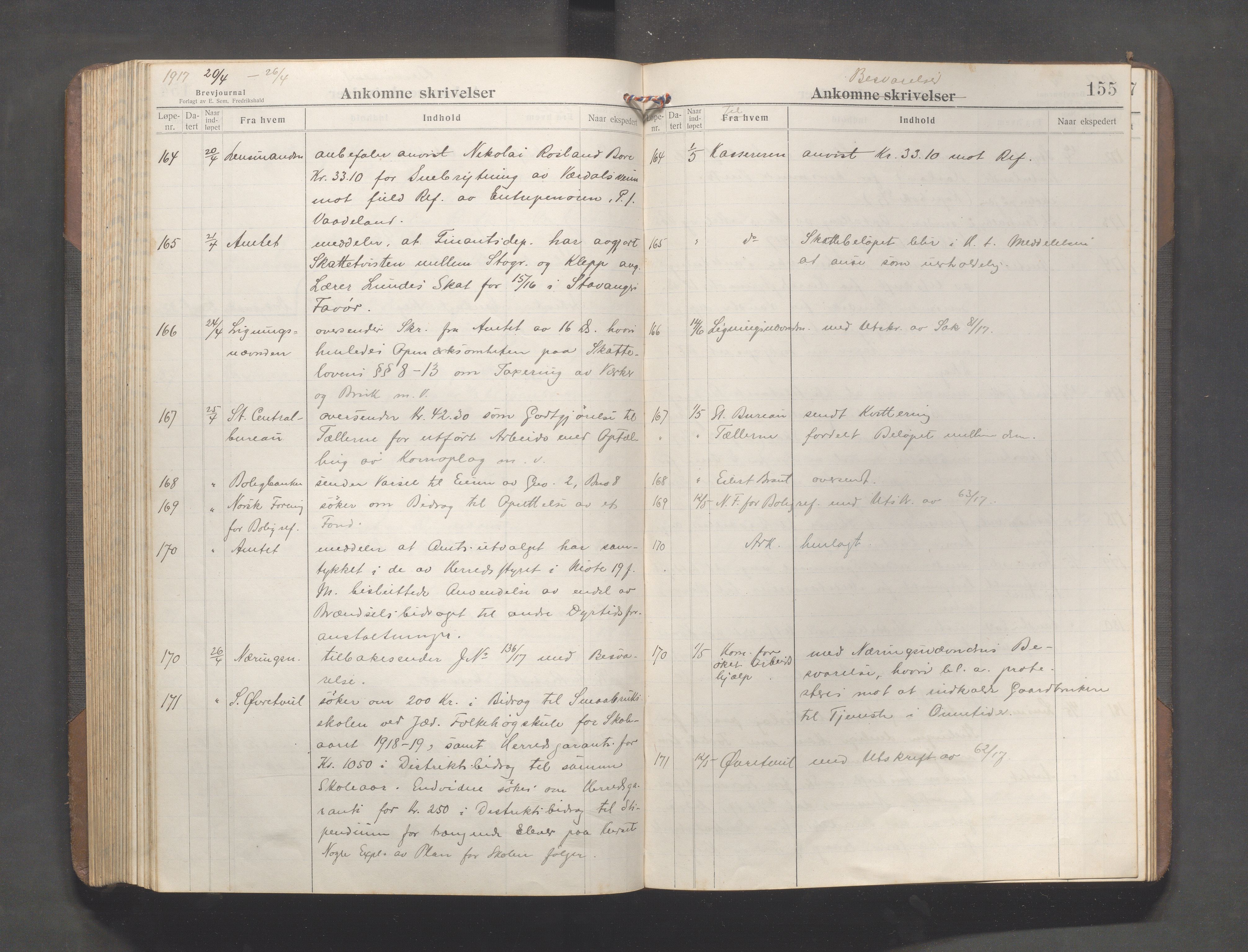Klepp kommune - Formannskapet, IKAR/K-100277/C/L0004: Brevjournal, 1913-1918, p. 155