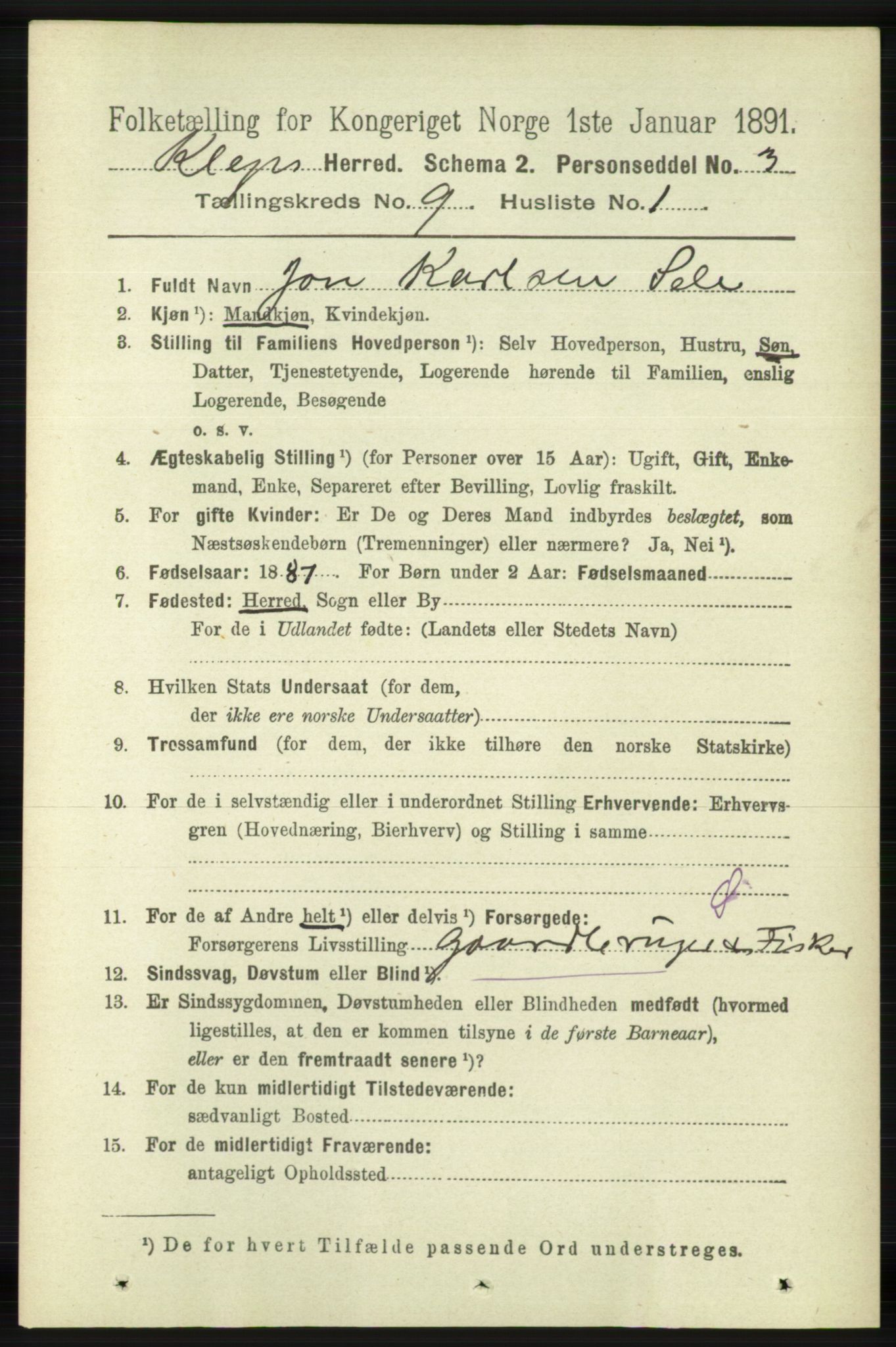 RA, 1891 census for 1120 Klepp, 1891, p. 2727