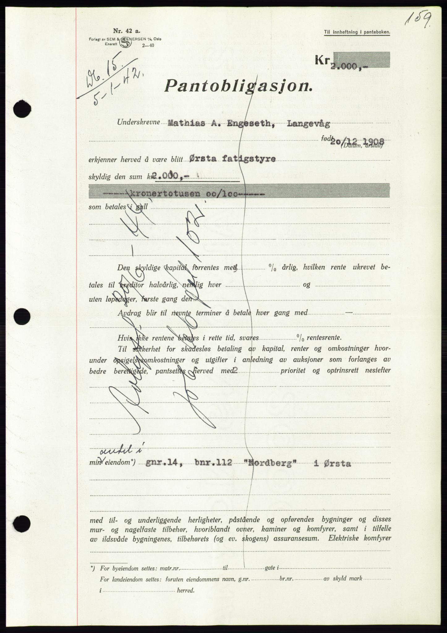 Søre Sunnmøre sorenskriveri, AV/SAT-A-4122/1/2/2C/L0073: Mortgage book no. 67, 1941-1942, Diary no: : 15/1942