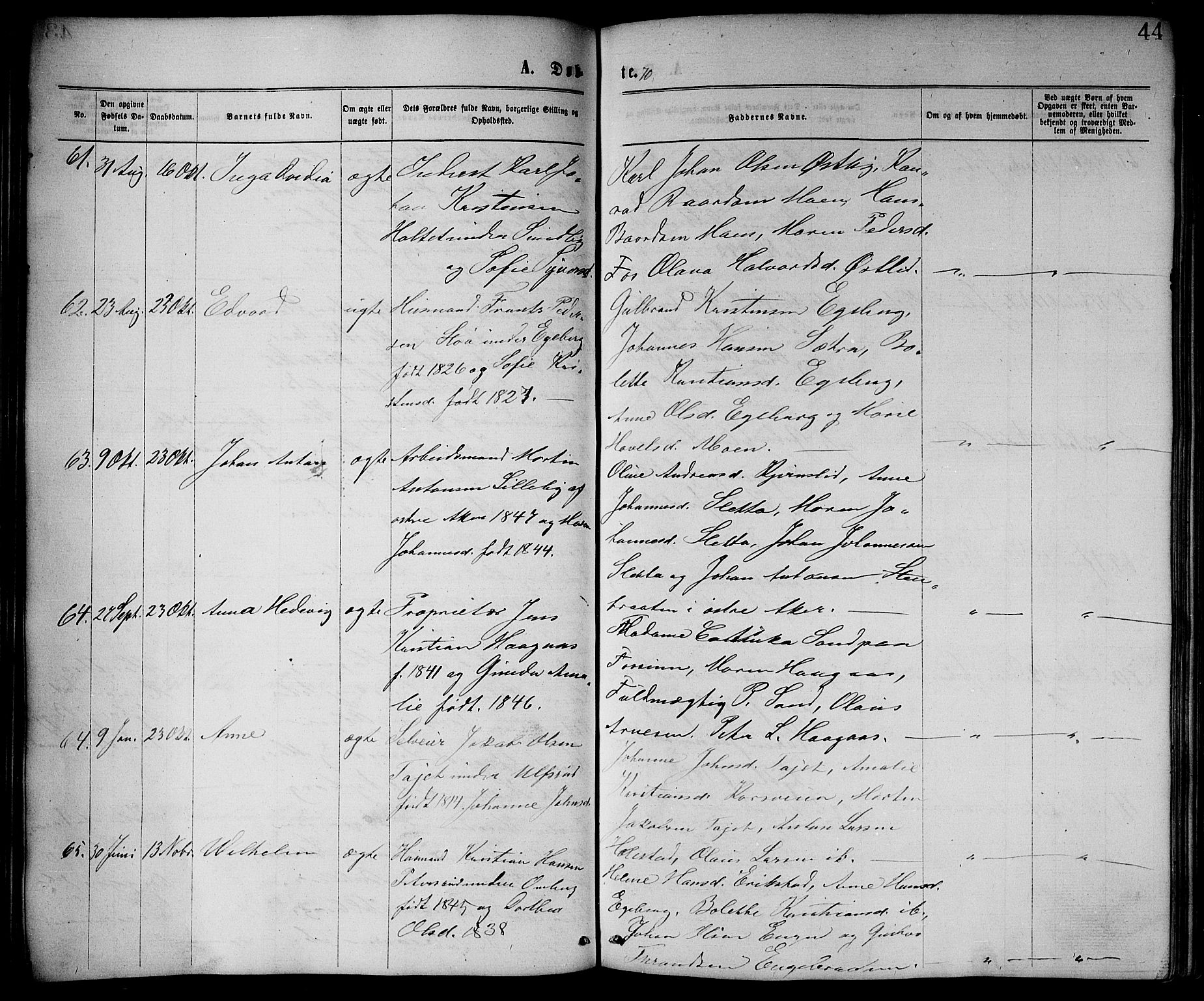 Enebakk prestekontor Kirkebøker, AV/SAO-A-10171c/G/Ga/L0005: Parish register (copy) no. I 5, 1867-1888, p. 44