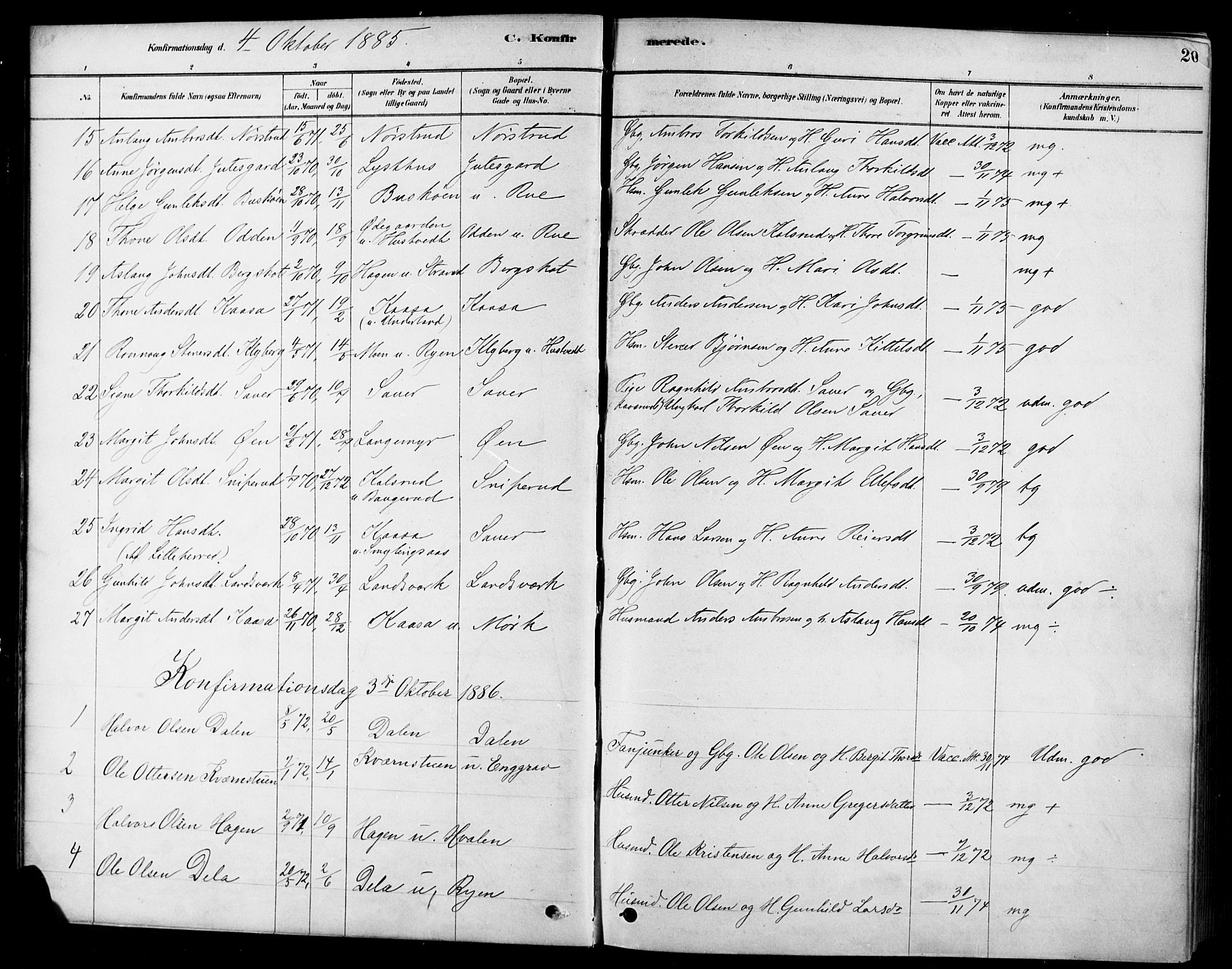 Heddal kirkebøker, SAKO/A-268/F/Fa/L0009: Parish register (official) no. I 9, 1878-1903, p. 20