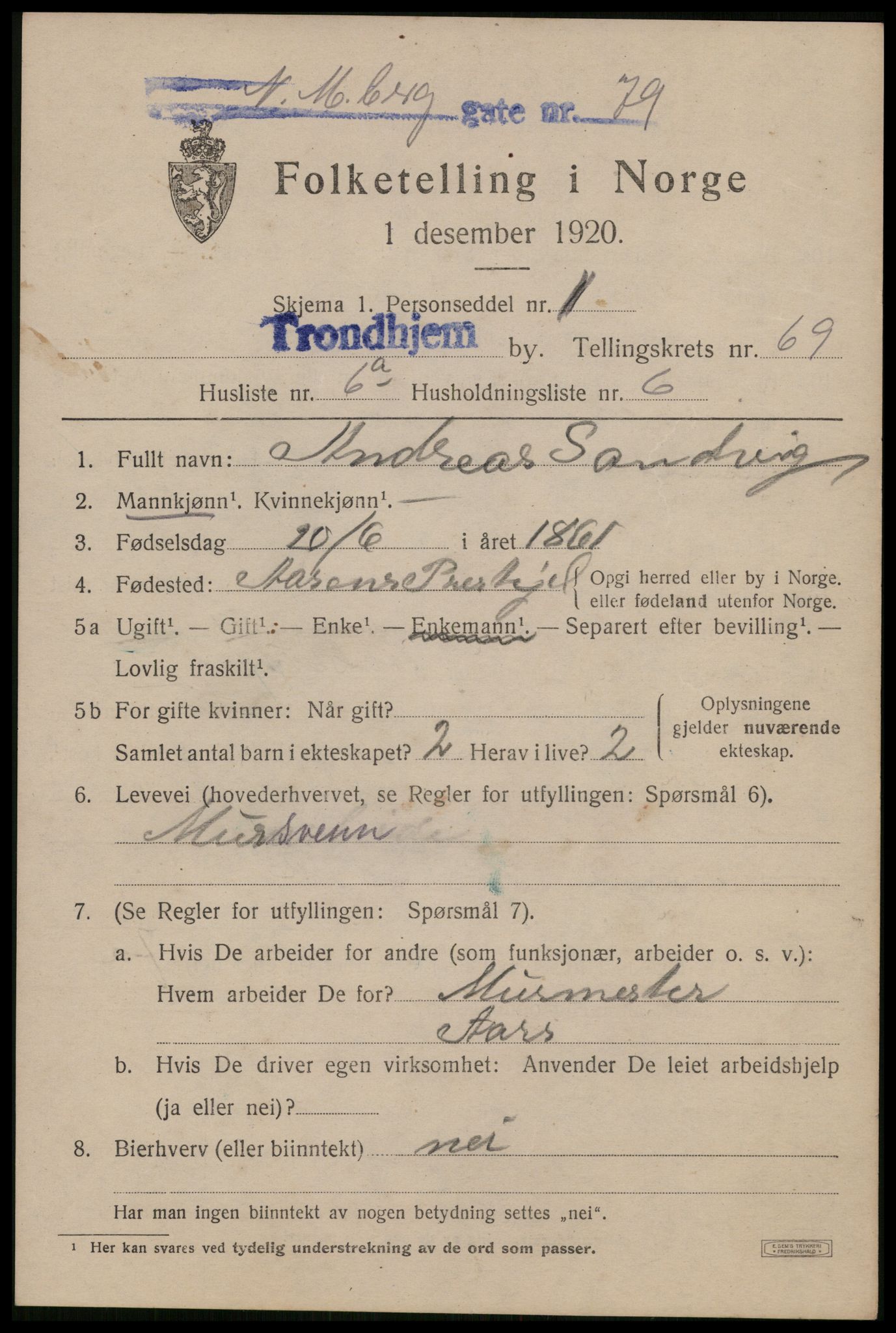 SAT, 1920 census for Trondheim, 1920, p. 136464