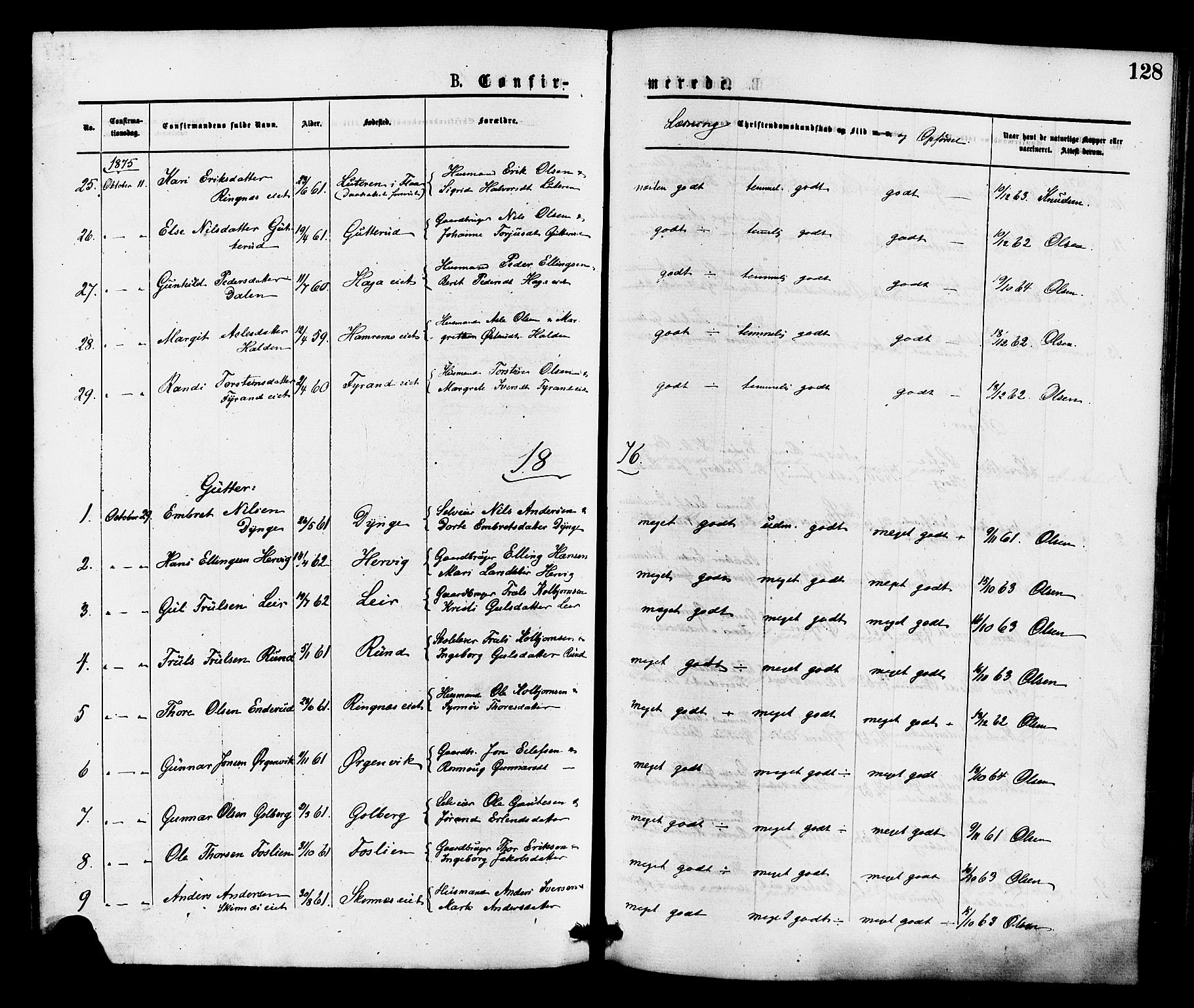 Krødsherad kirkebøker, SAKO/A-19/F/Fa/L0004: Parish register (official) no. 4, 1873-1878, p. 128
