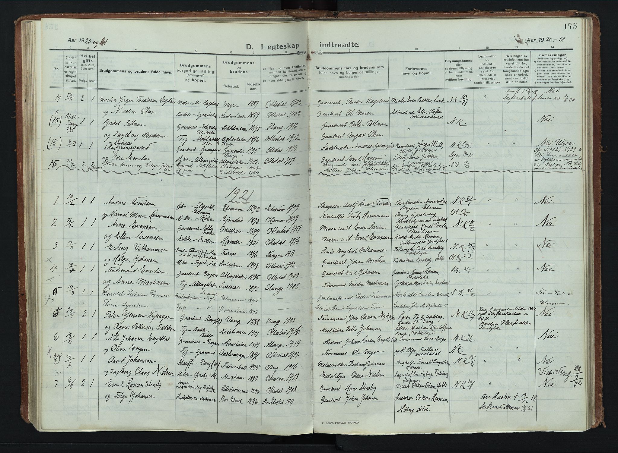 Stange prestekontor, SAH/PREST-002/K/L0028: Parish register (official) no. 28, 1913-1932, p. 175