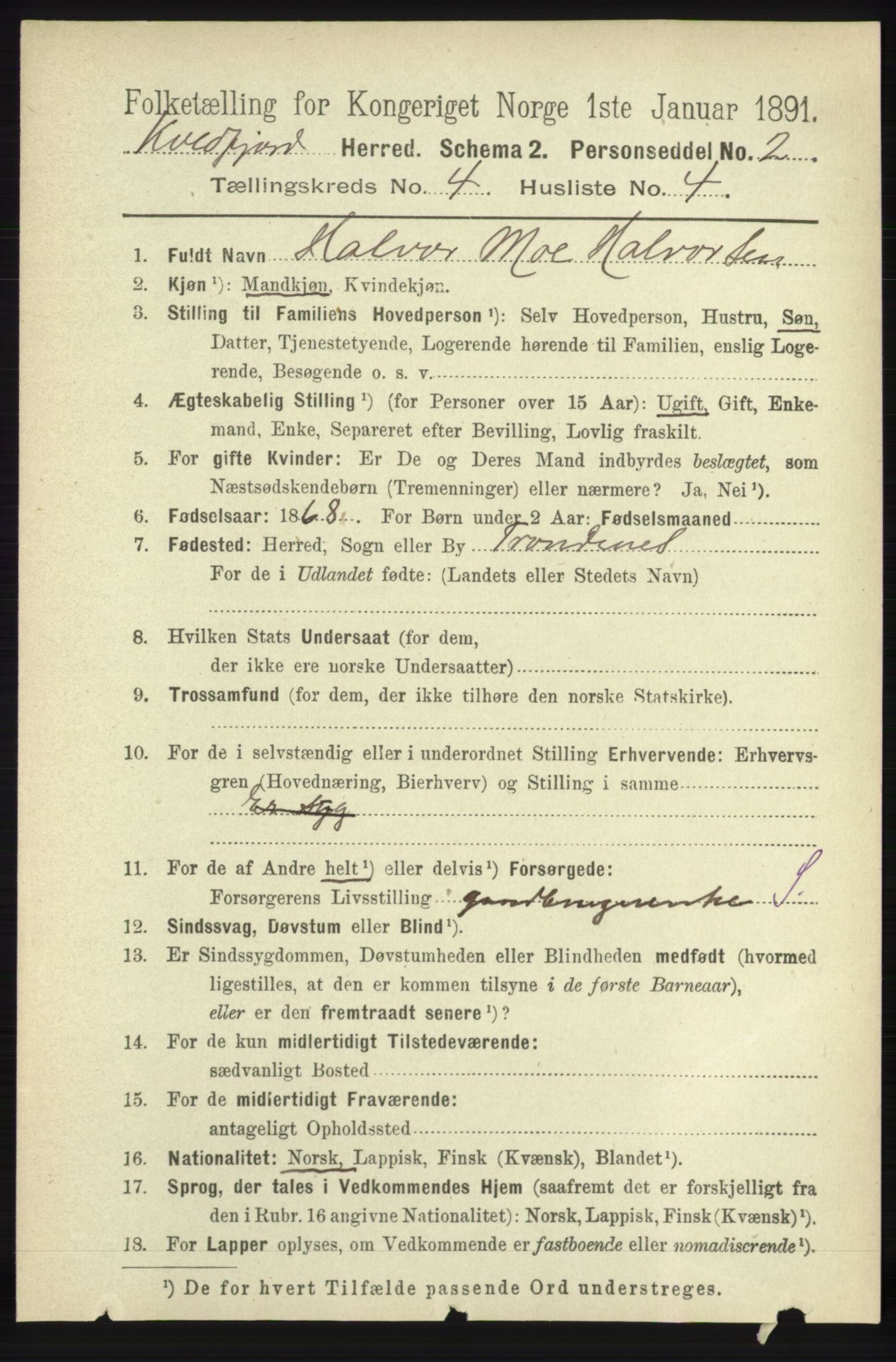 RA, 1891 census for 1911 Kvæfjord, 1891, p. 1908