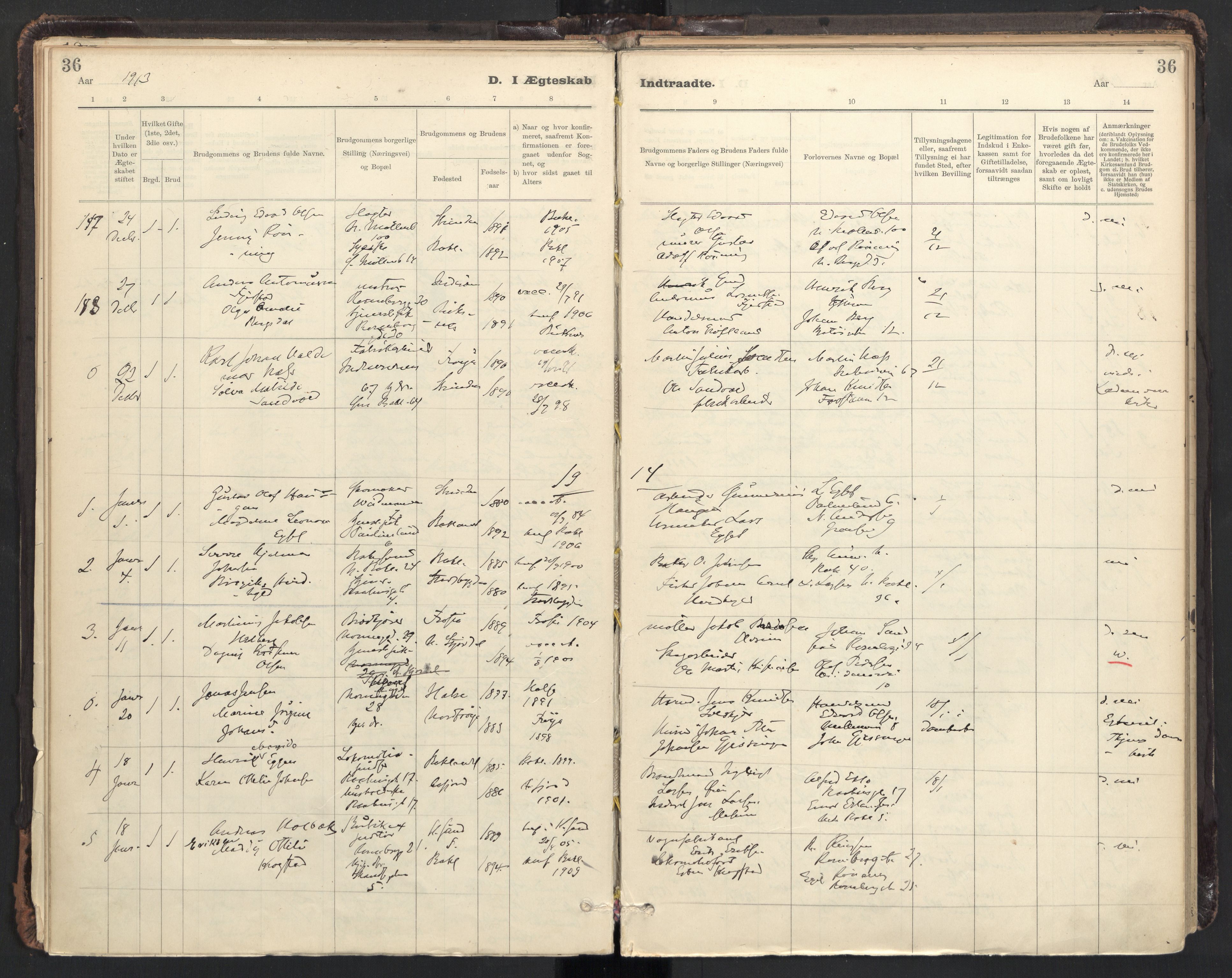 Ministerialprotokoller, klokkerbøker og fødselsregistre - Sør-Trøndelag, SAT/A-1456/604/L0204: Parish register (official) no. 604A24, 1911-1920, p. 36