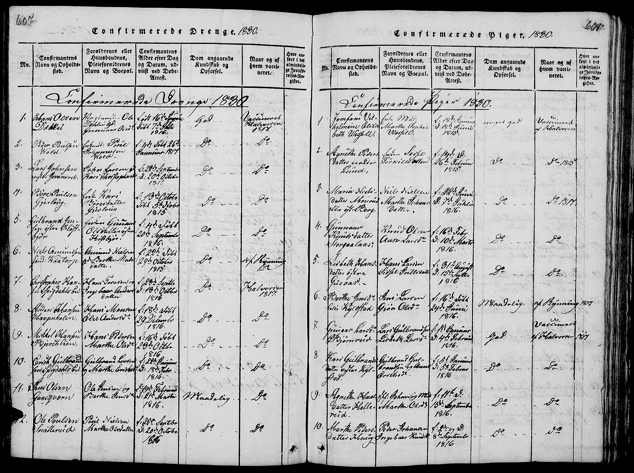 Vang prestekontor, Hedmark, SAH/PREST-008/H/Ha/Hab/L0005: Parish register (copy) no. 5, 1815-1836, p. 607-608