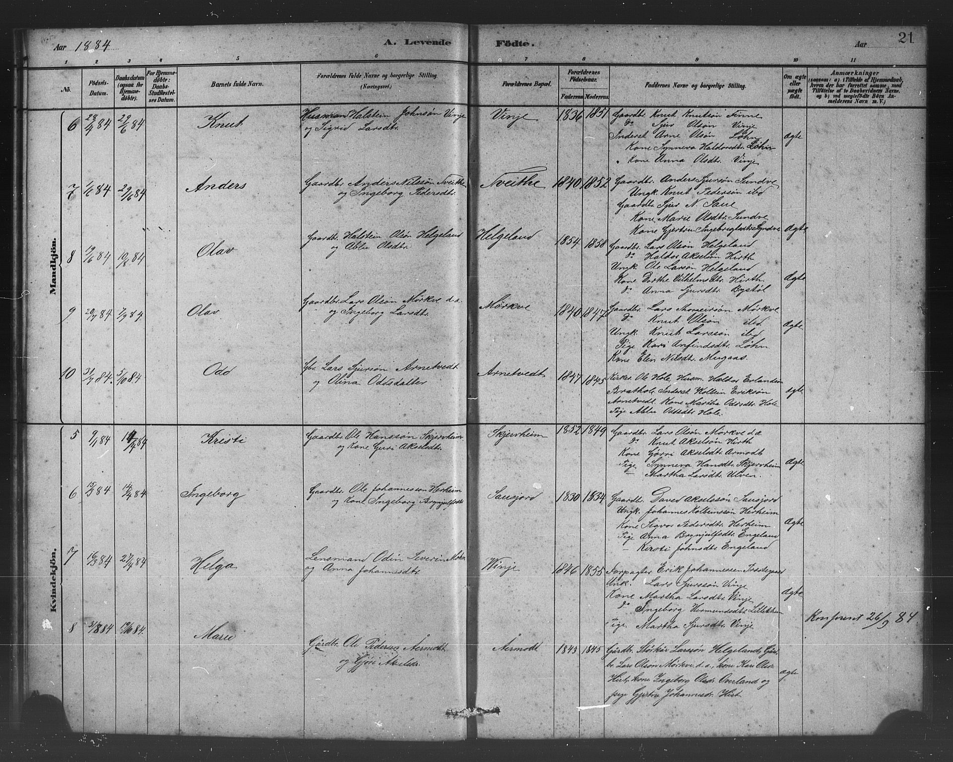 Vossestrand Sokneprestembete, AV/SAB-A-79101/H/Hab: Parish register (copy) no. B 3, 1880-1907, p. 21