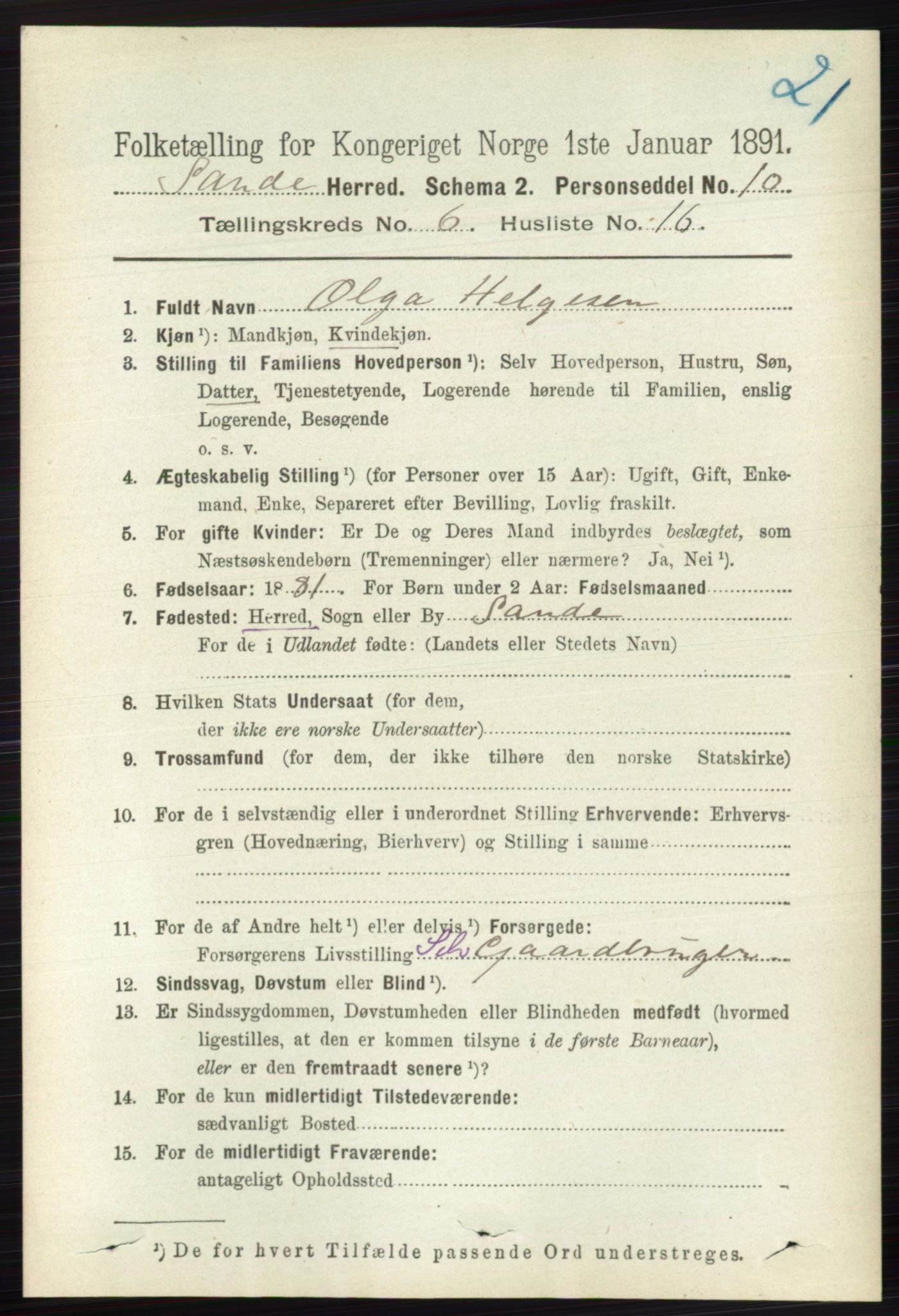 RA, 1891 census for 0713 Sande, 1891, p. 2788