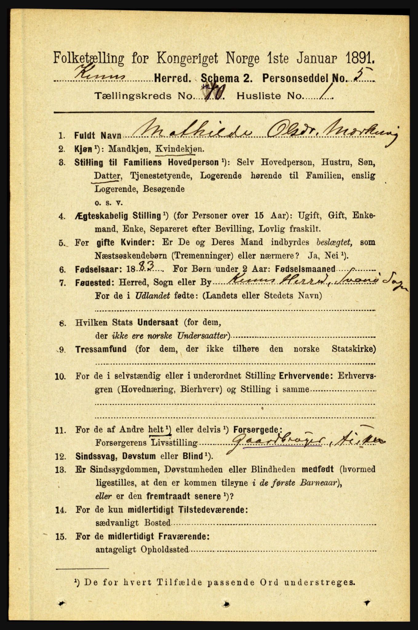 RA, 1891 census for 1437 Kinn, 1891, p. 3799