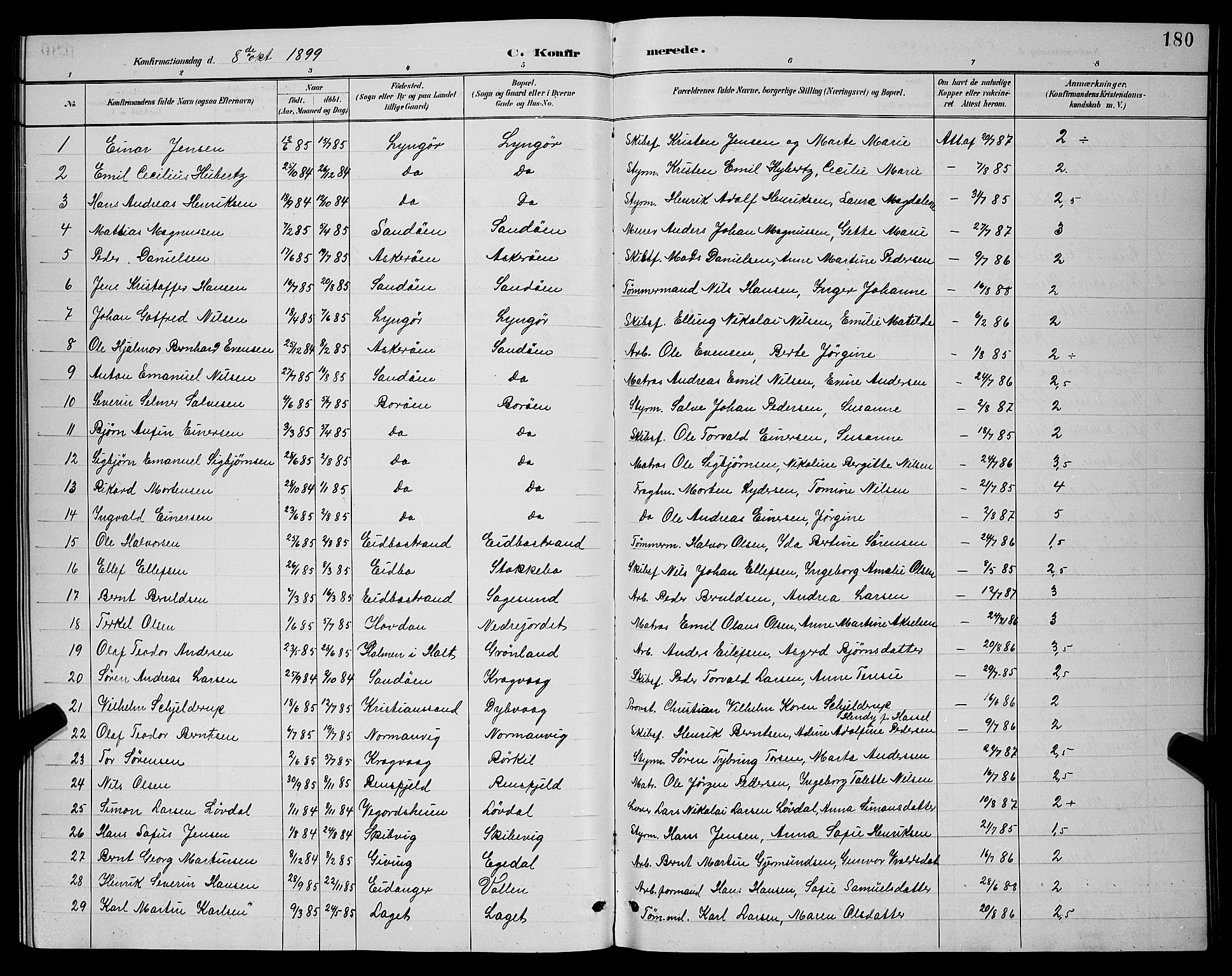 Dypvåg sokneprestkontor, SAK/1111-0007/F/Fb/Fba/L0013: Parish register (copy) no. B 13, 1887-1900, p. 180