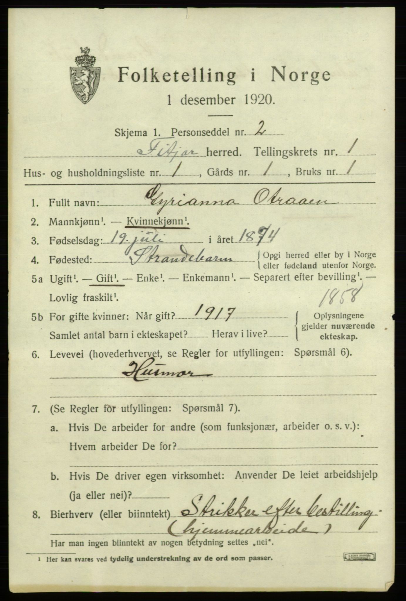 SAB, 1920 census for Fitjar, 1920, p. 950