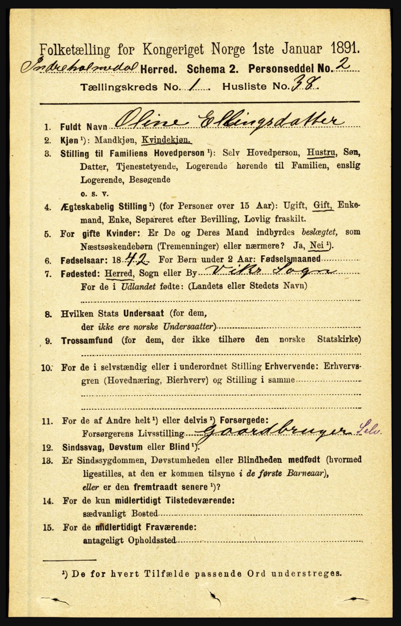 RA, 1891 census for 1430 Indre Holmedal, 1891, p. 342