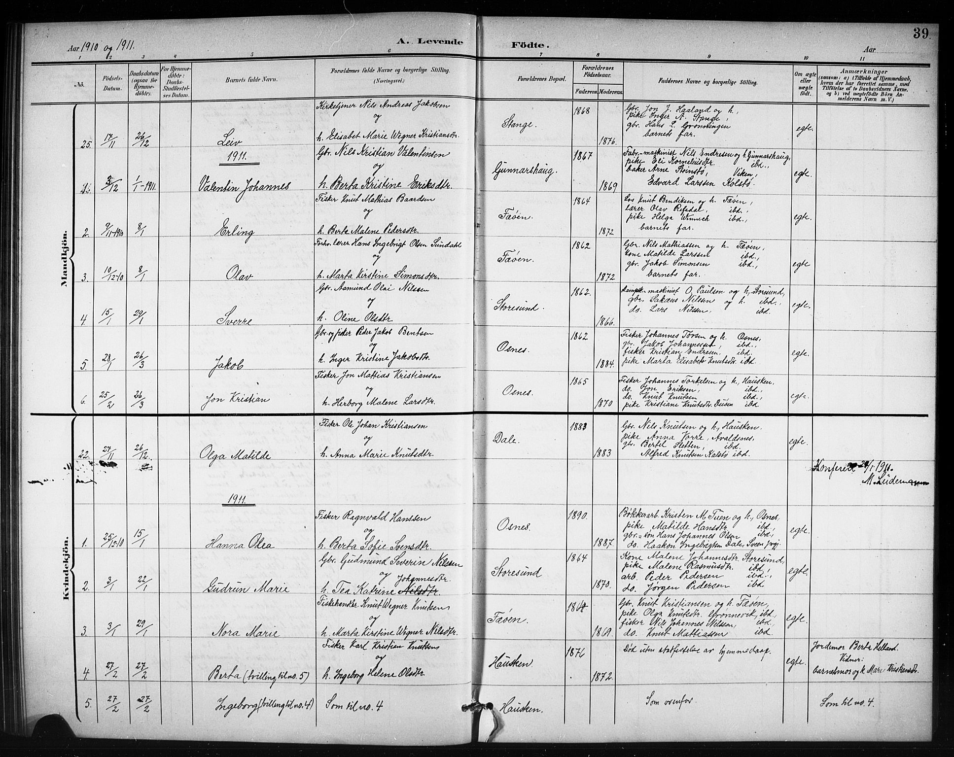 Torvastad sokneprestkontor, SAST/A -101857/H/Ha/Hab/L0008: Parish register (copy) no. B 8, 1901-1924, p. 39